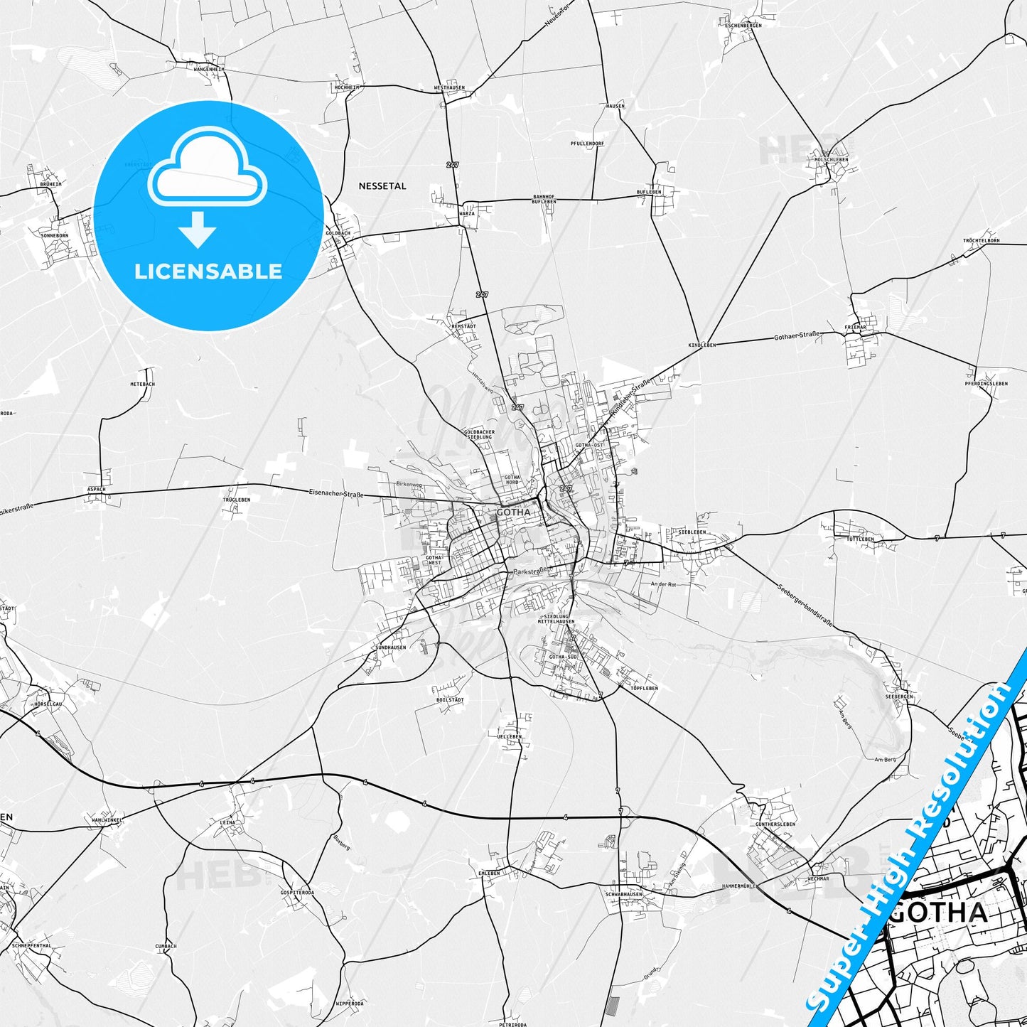 Gotha, Germany light map with streetnames, citynames and districts