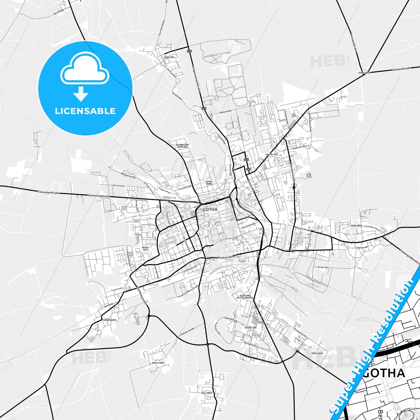Gotha, Germany Light Map with Street Names, City Names, and Districts