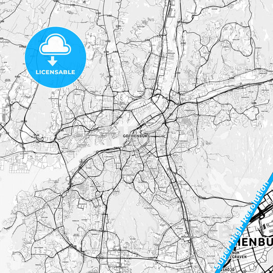 Gothenburg, Sweden light map with streetnames, citynames and districts
