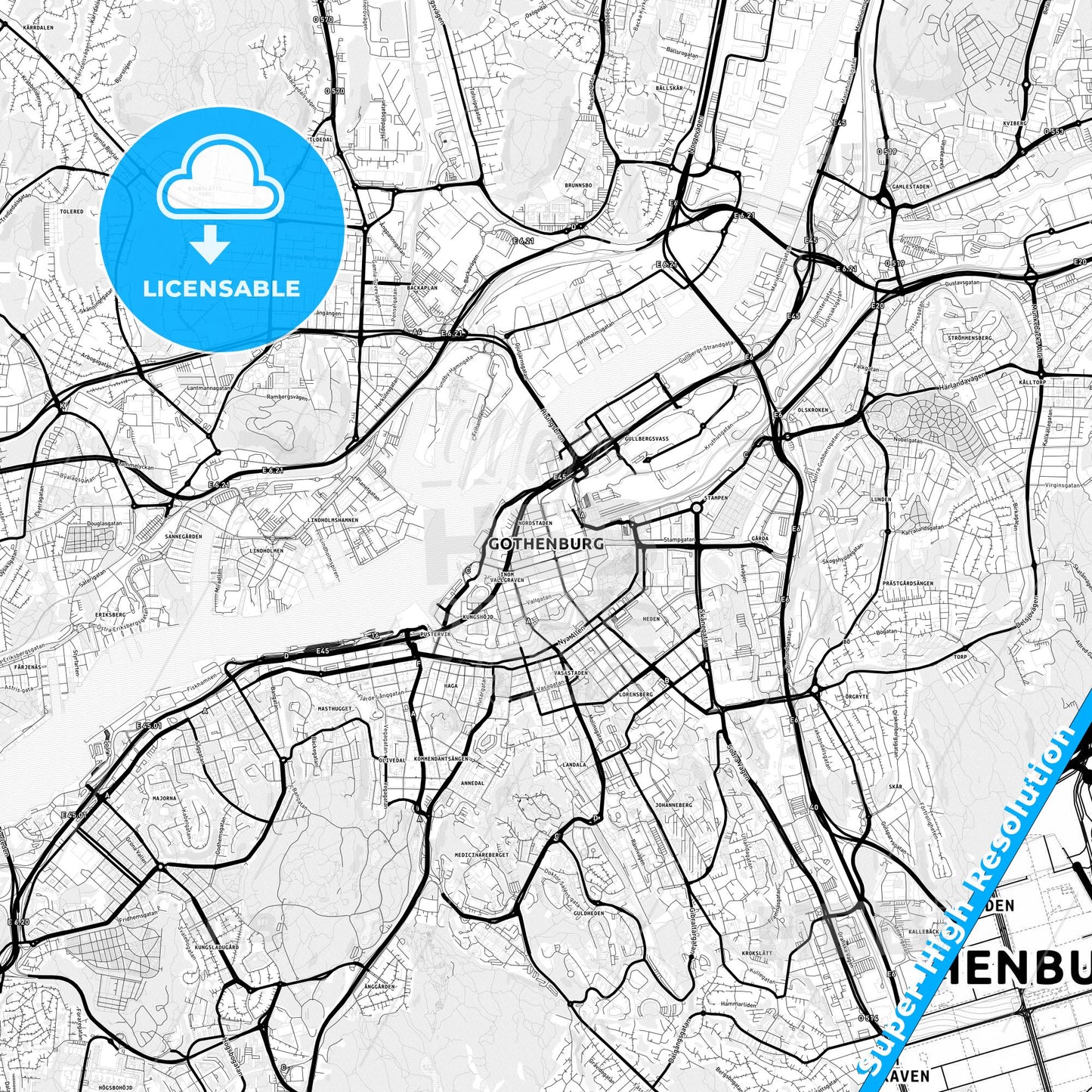 Gothenburg, Sweden Light Map with Street Names, City Names, and Districts
