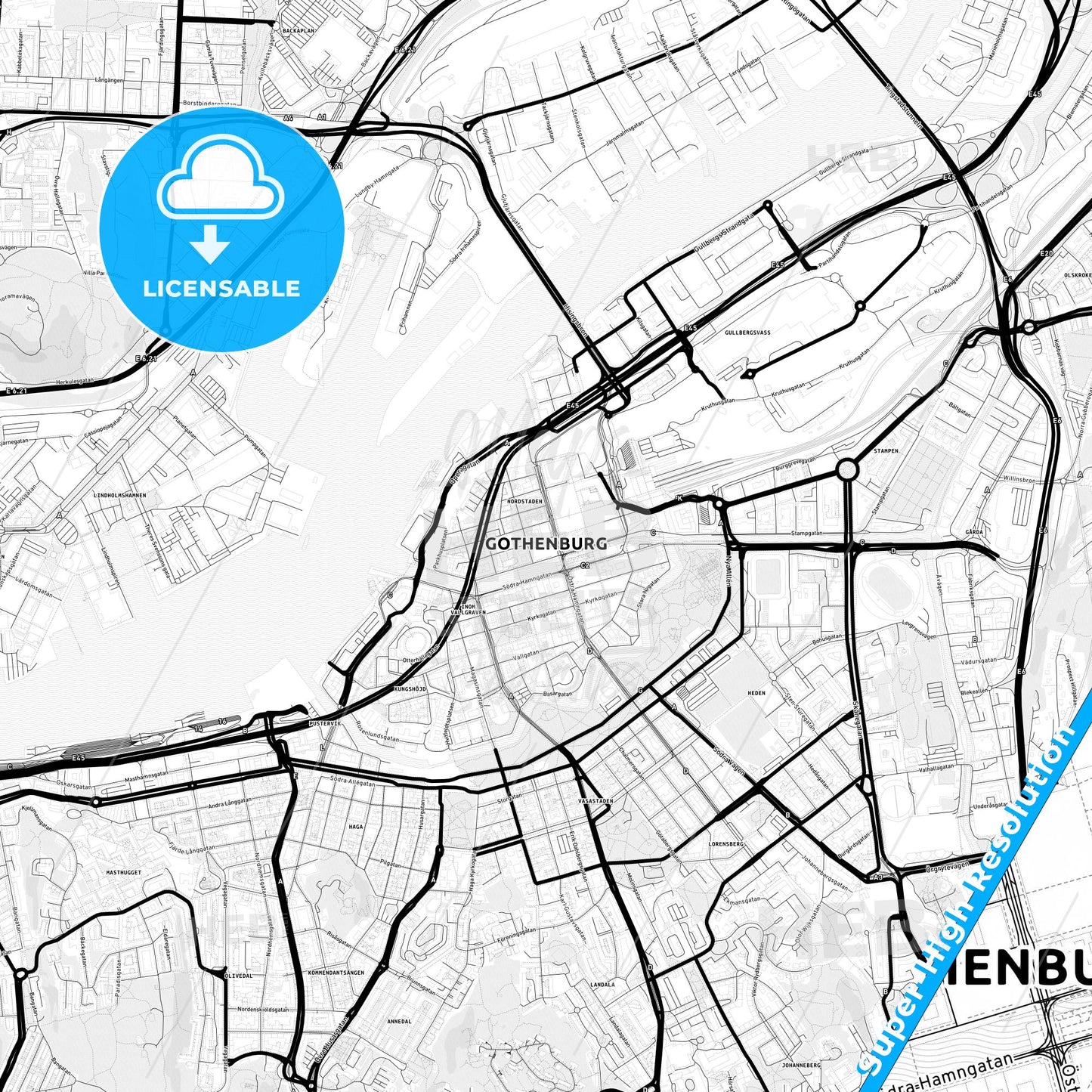 Gothenburg, Sweden Light Map with Street Names, City Names, and Districts