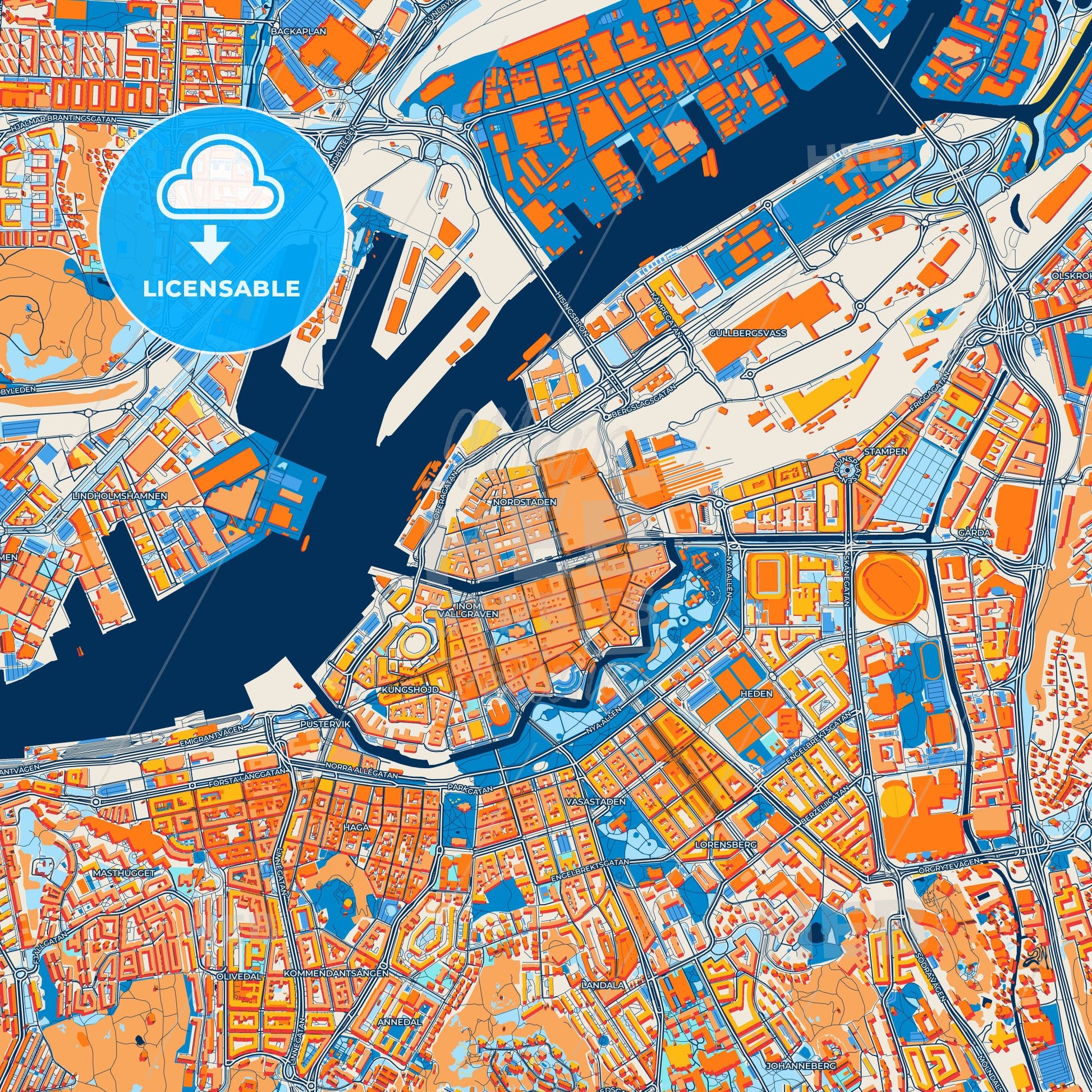 Colorful Gothenburg Street Map with Labels and Buildings