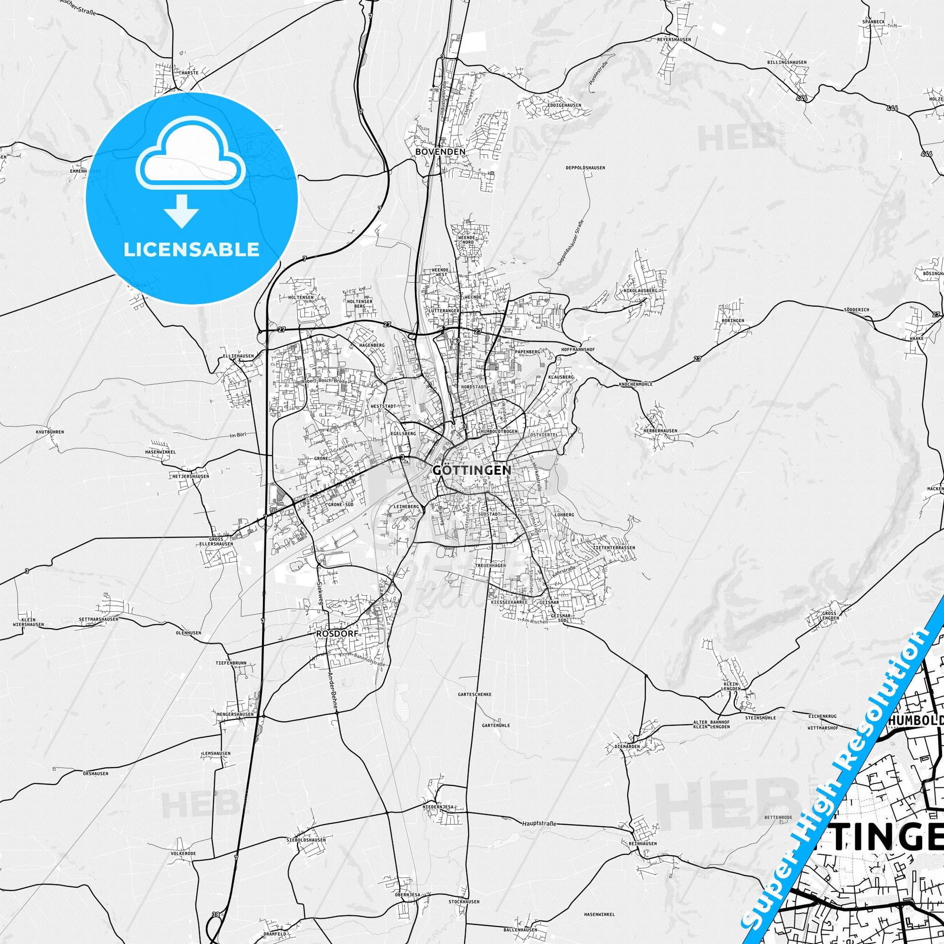 Gottingen, Germany light map with streetnames, citynames and districts
