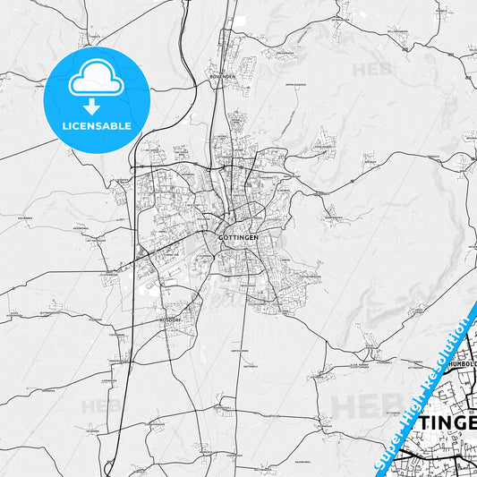Gottingen, Germany light map with streetnames, citynames and districts
