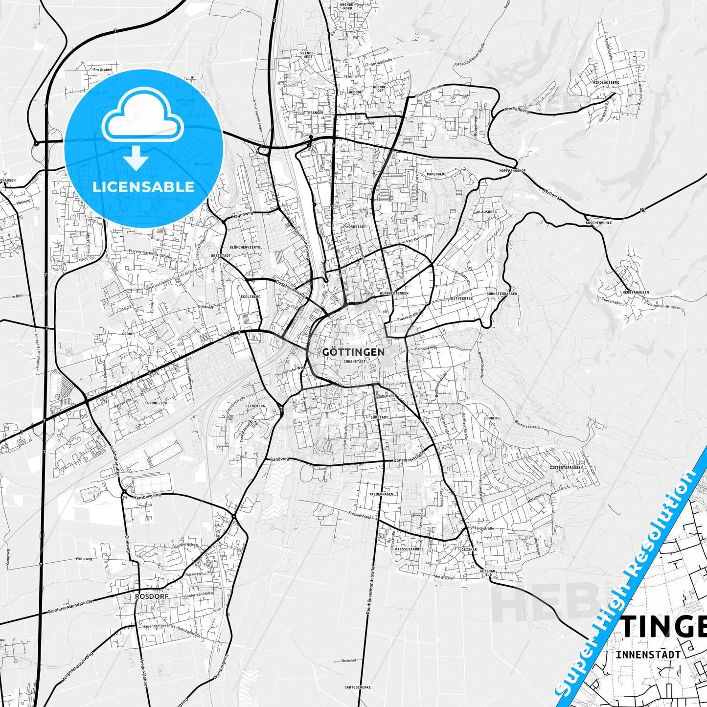 Gottingen, Germany Light Map with Street Names, City Names, and Districts