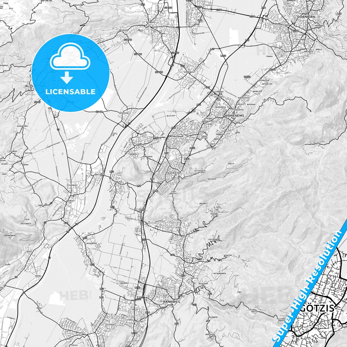 Götzis, Austria light map with streetnames, citynames and districts