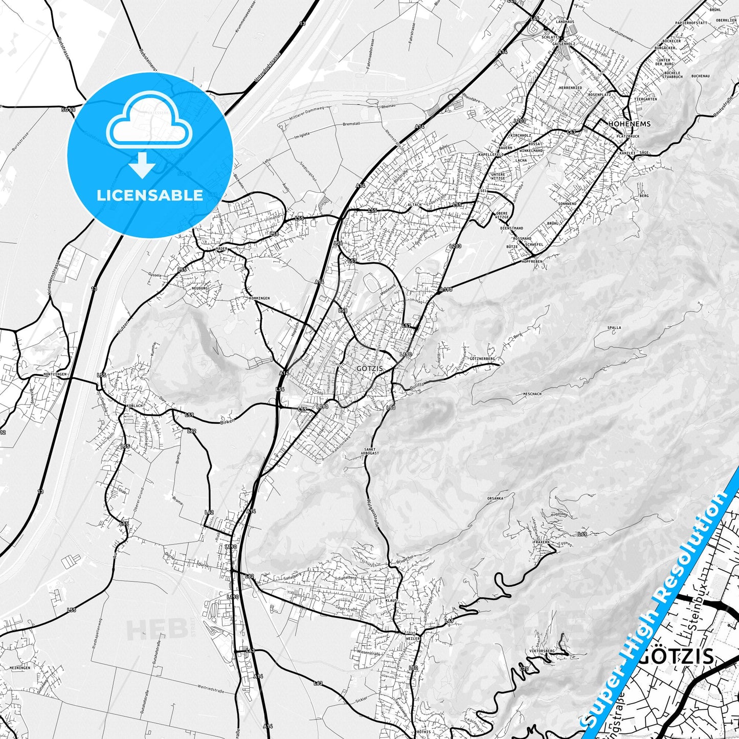 Götzis, Austria Light Map with Street Names, City Names, and Districts