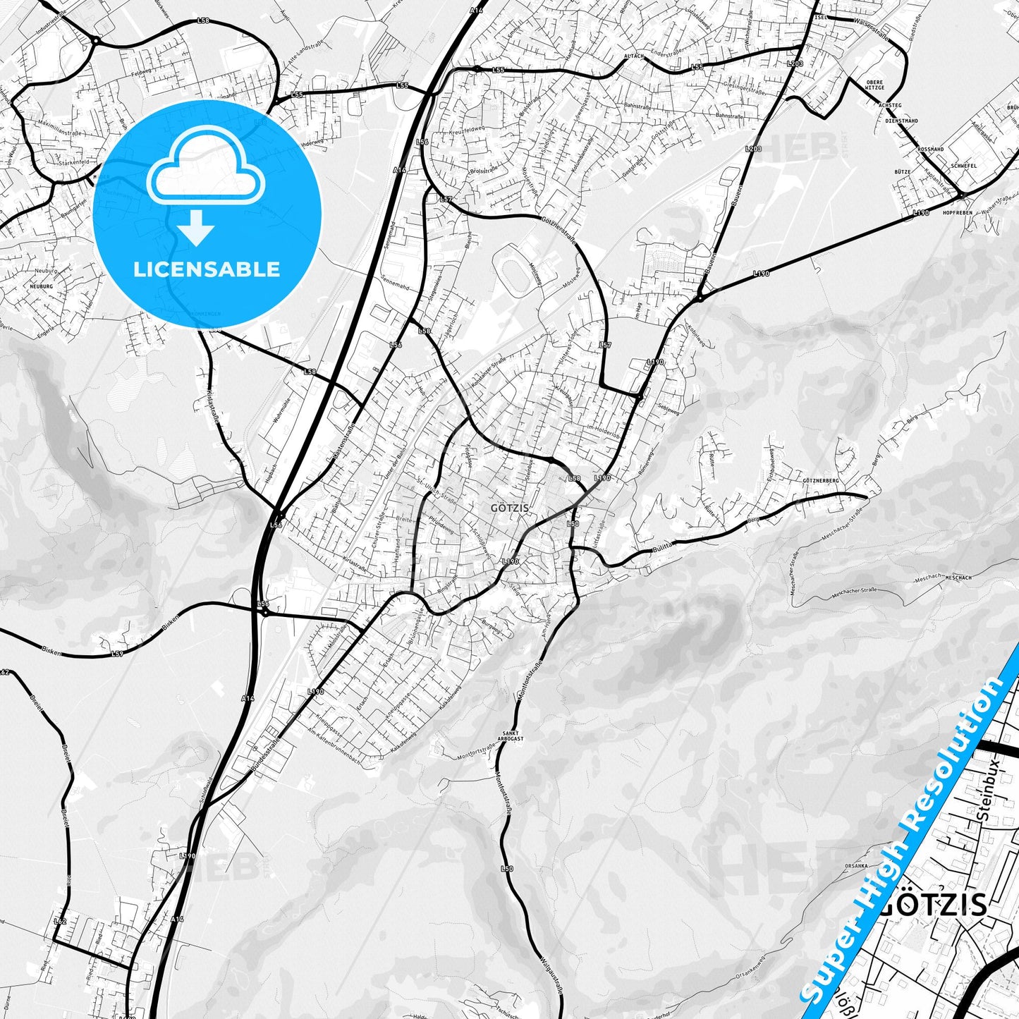 Götzis, Austria Light Map with Street Names, City Names, and Districts