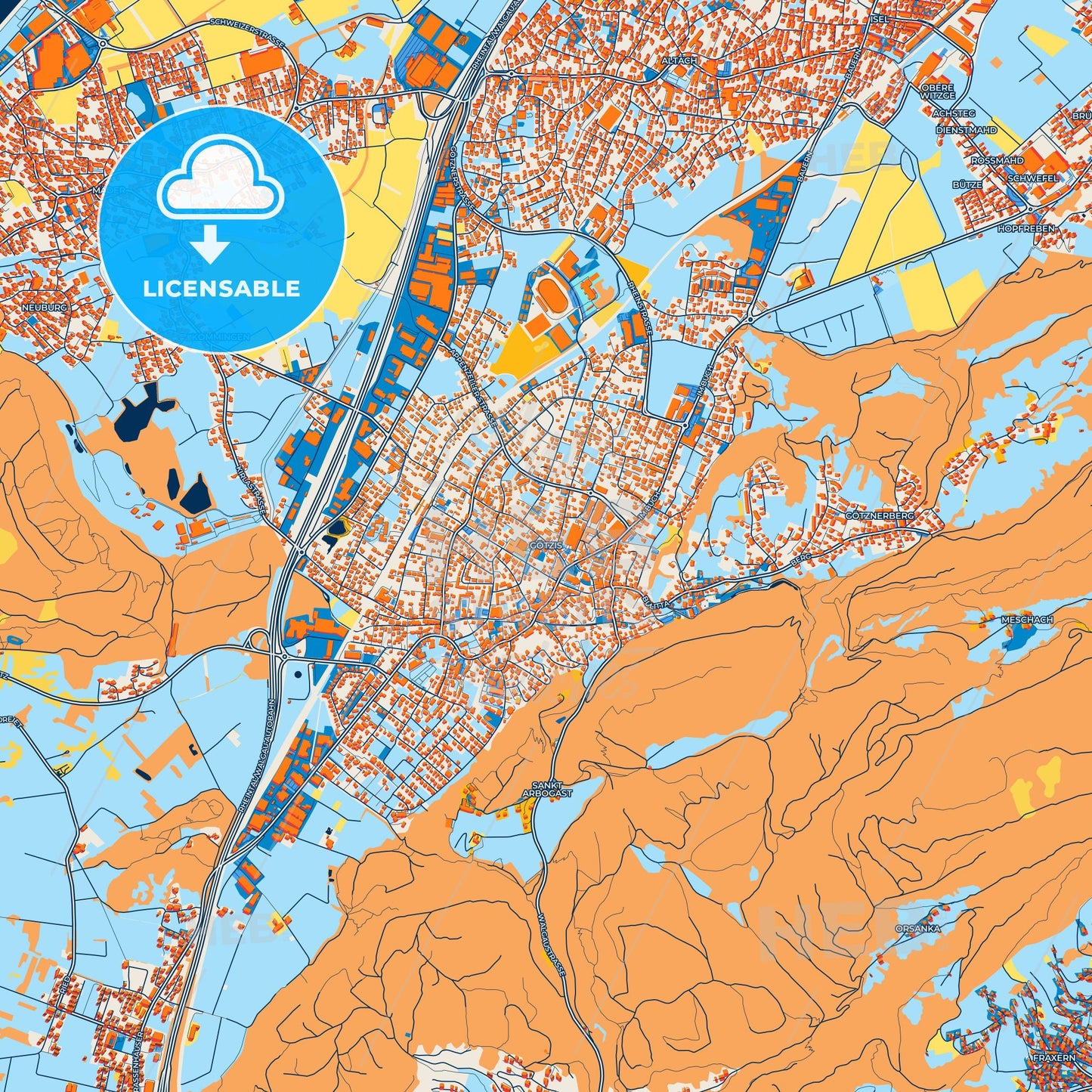 Colorful Götzis Street Map with Labels and Buildings