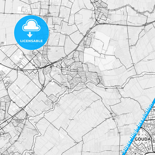 Gouda, Netherlands light map with streetnames, citynames and districts