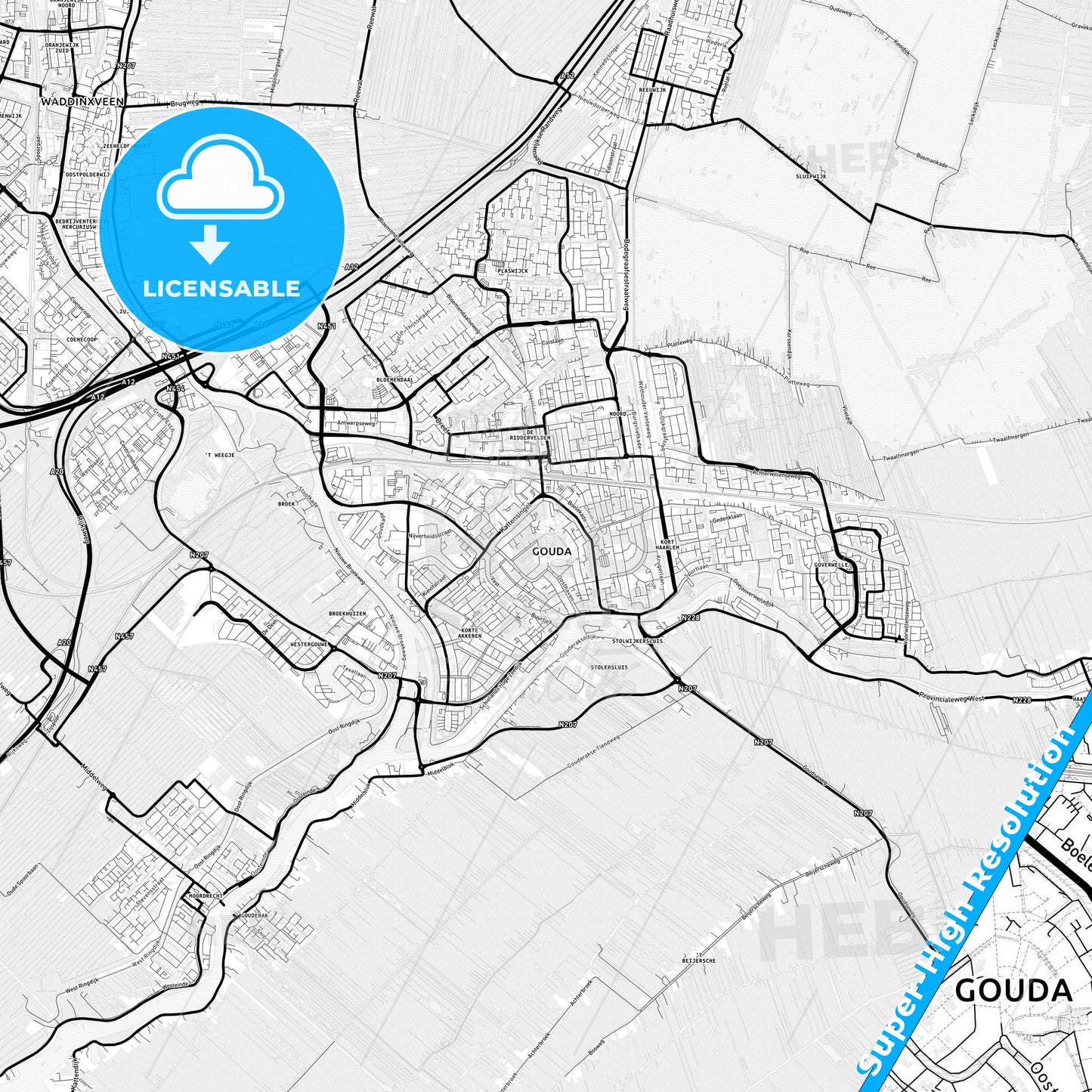 Gouda, Netherlands Light Map with Street Names, City Names, and Districts