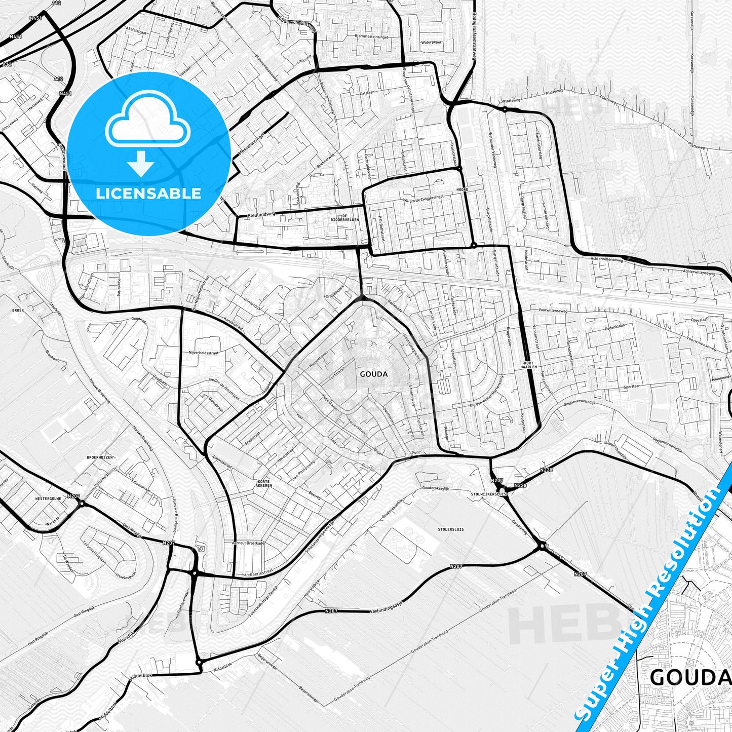 Gouda, Netherlands Light Map with Street Names, City Names, and Districts
