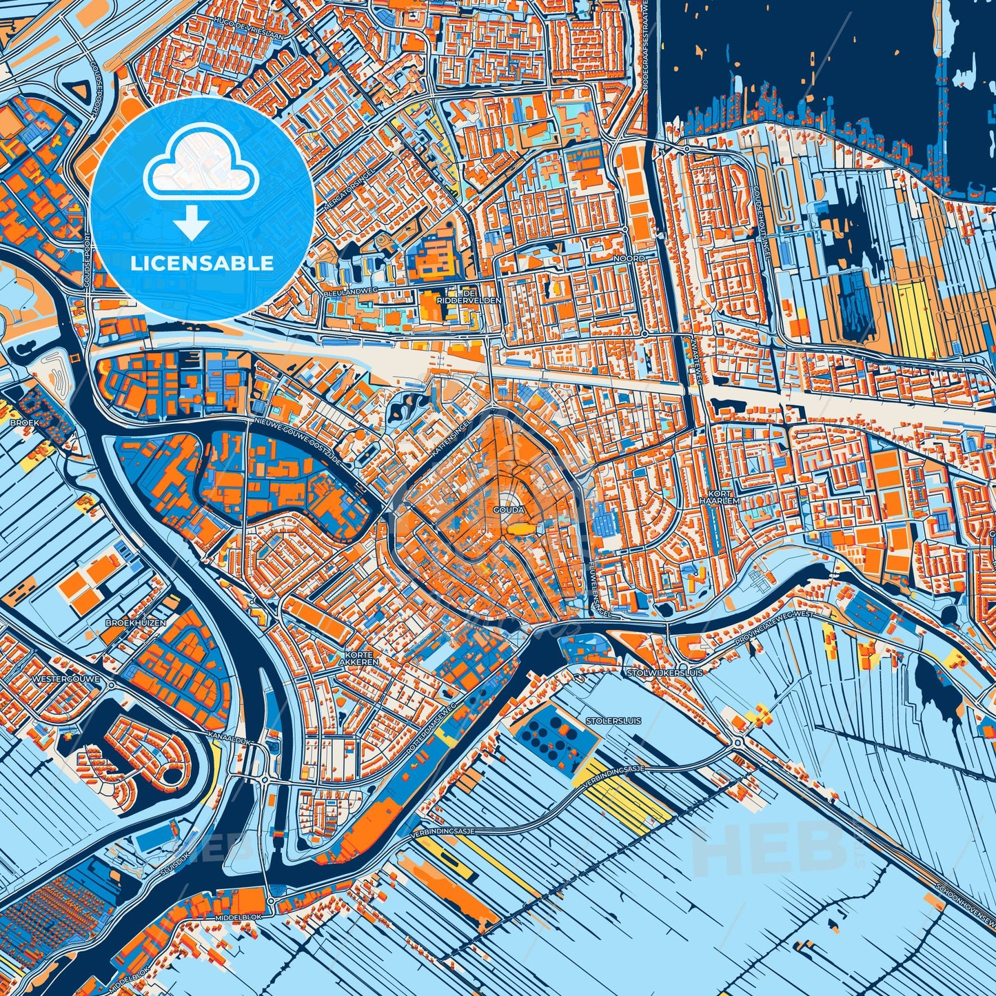 Colorful Gouda Street Map with Labels and Buildings