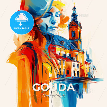 Vibrant Gouda, Netherlands - A Woman In Front Of A Building - Square format print template