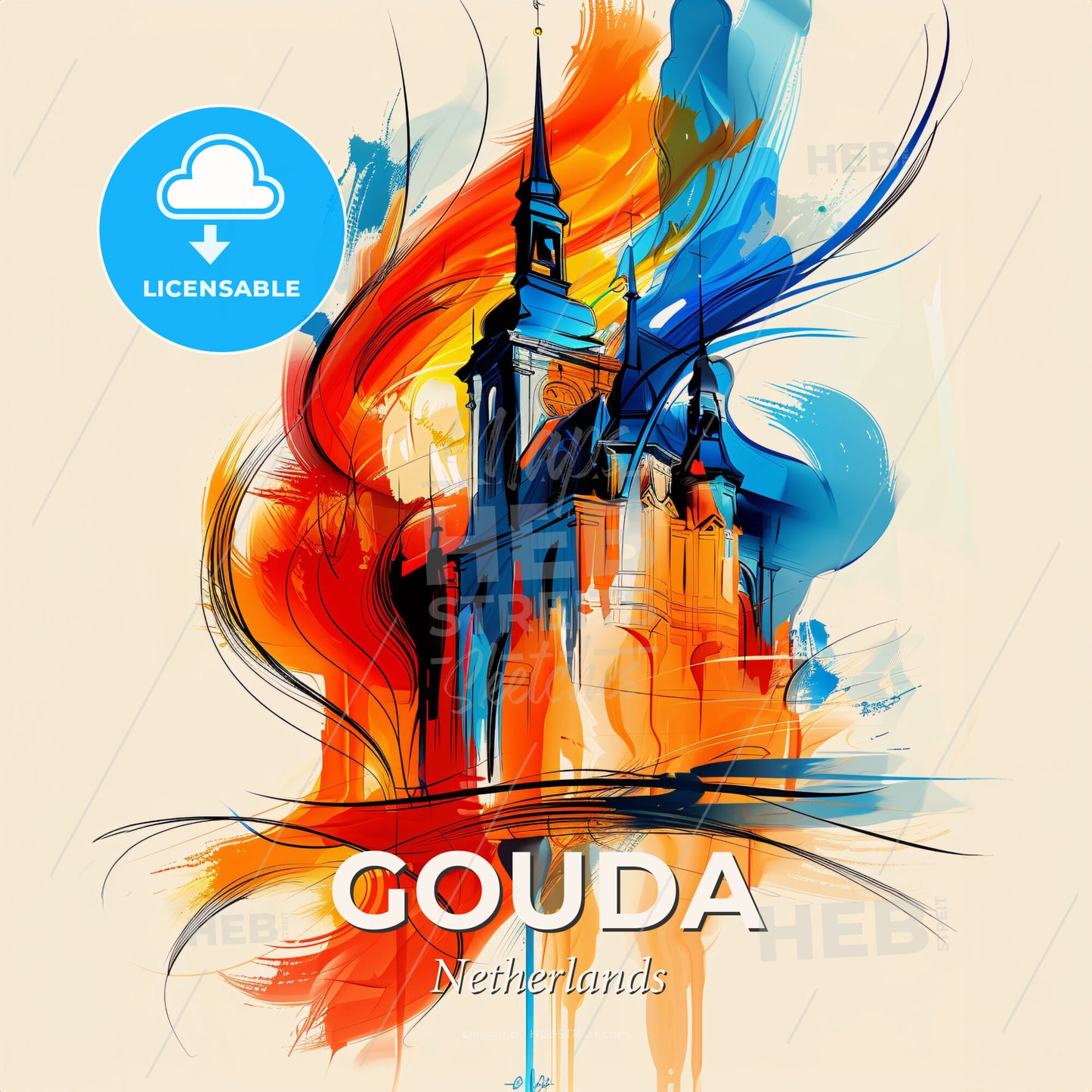 Vibrant Gouda, Netherlands - A Painting Of A Building With A Spire - Square format print template