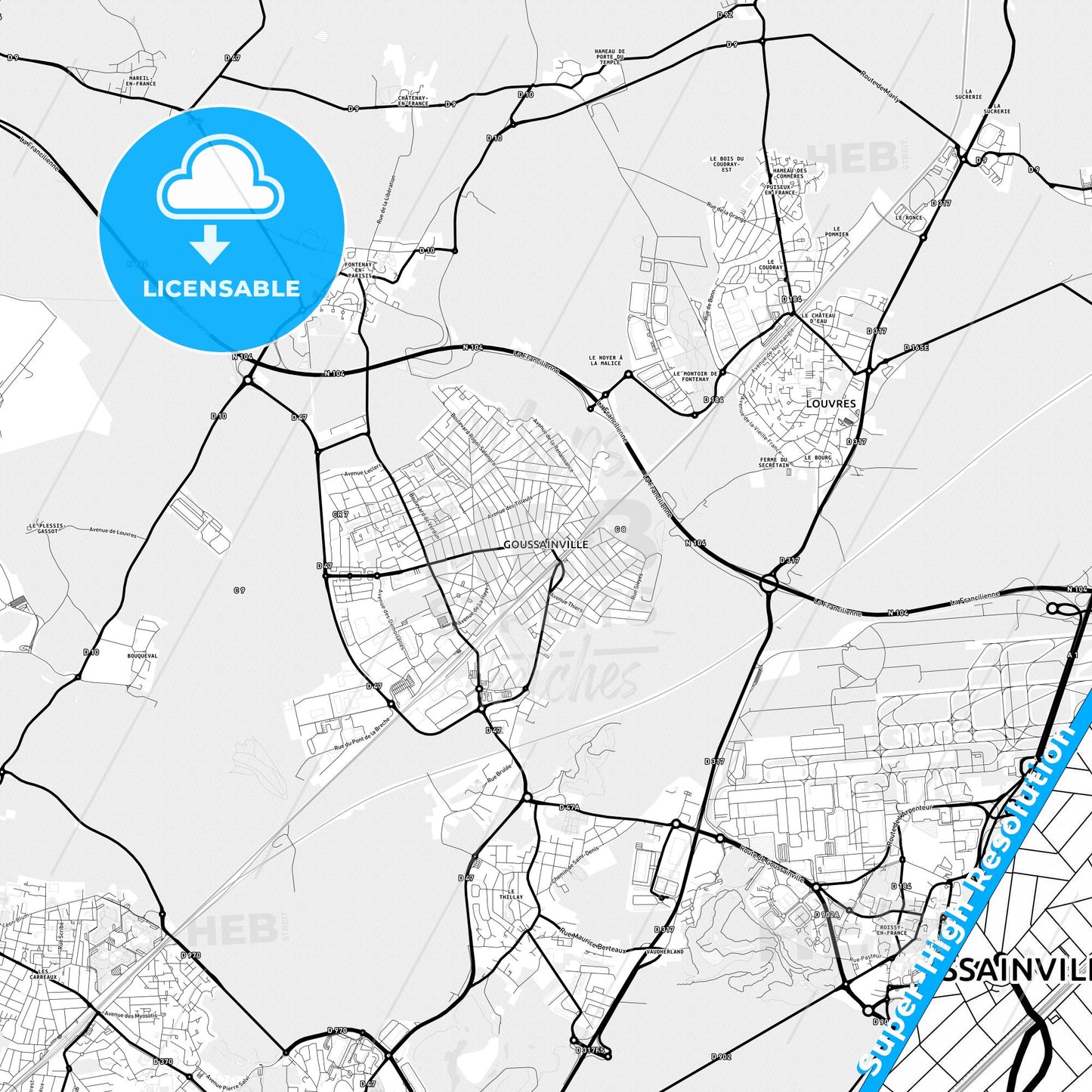 Goussainville, France Light Map with Street Names, City Names, and Districts
