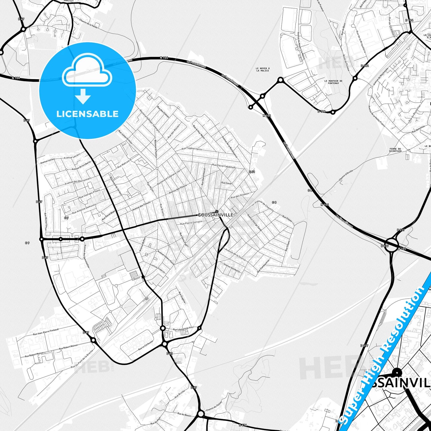 Goussainville, France Light Map with Street Names, City Names, and Districts