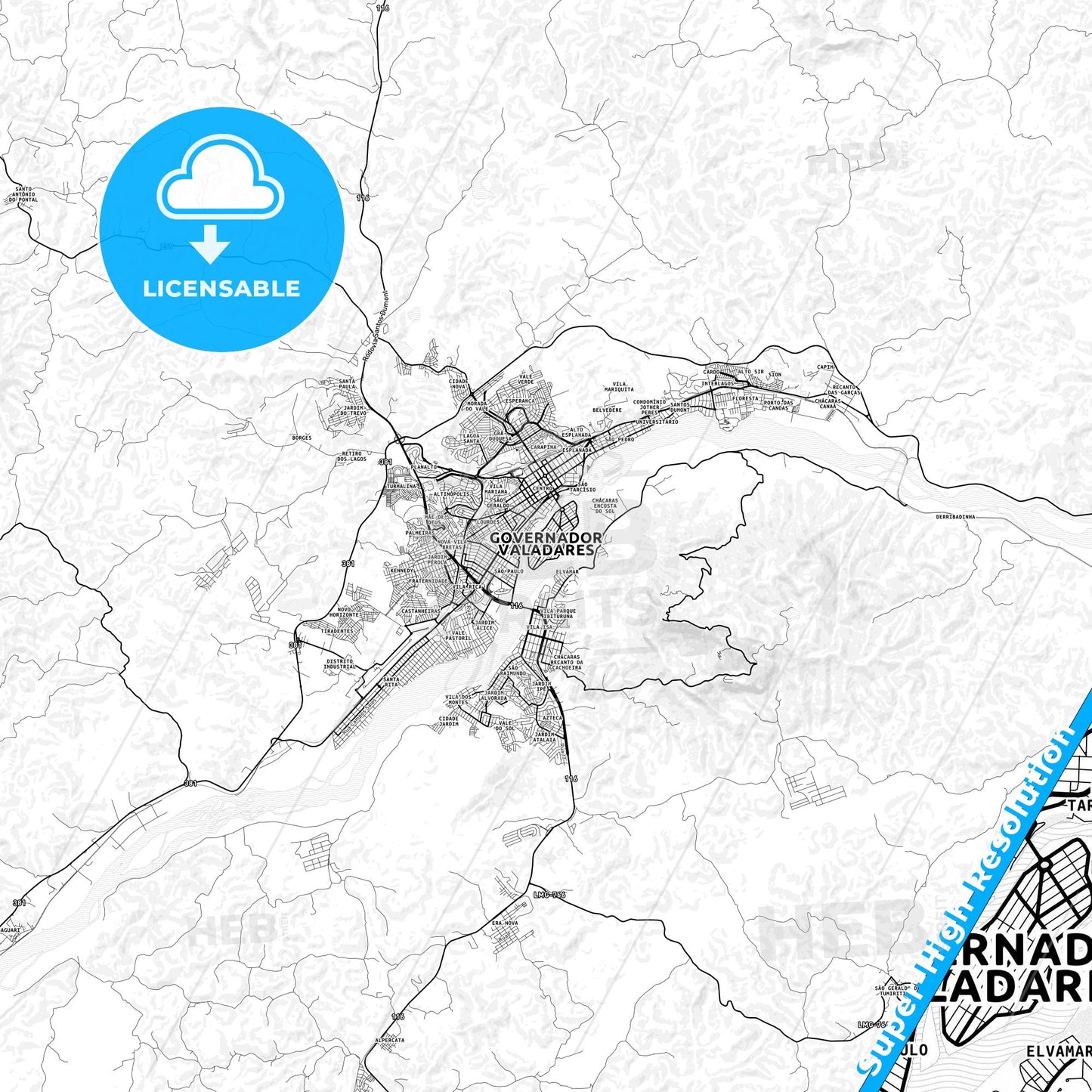 Governador Valadares, Brazil light map with streetnames, citynames and districts