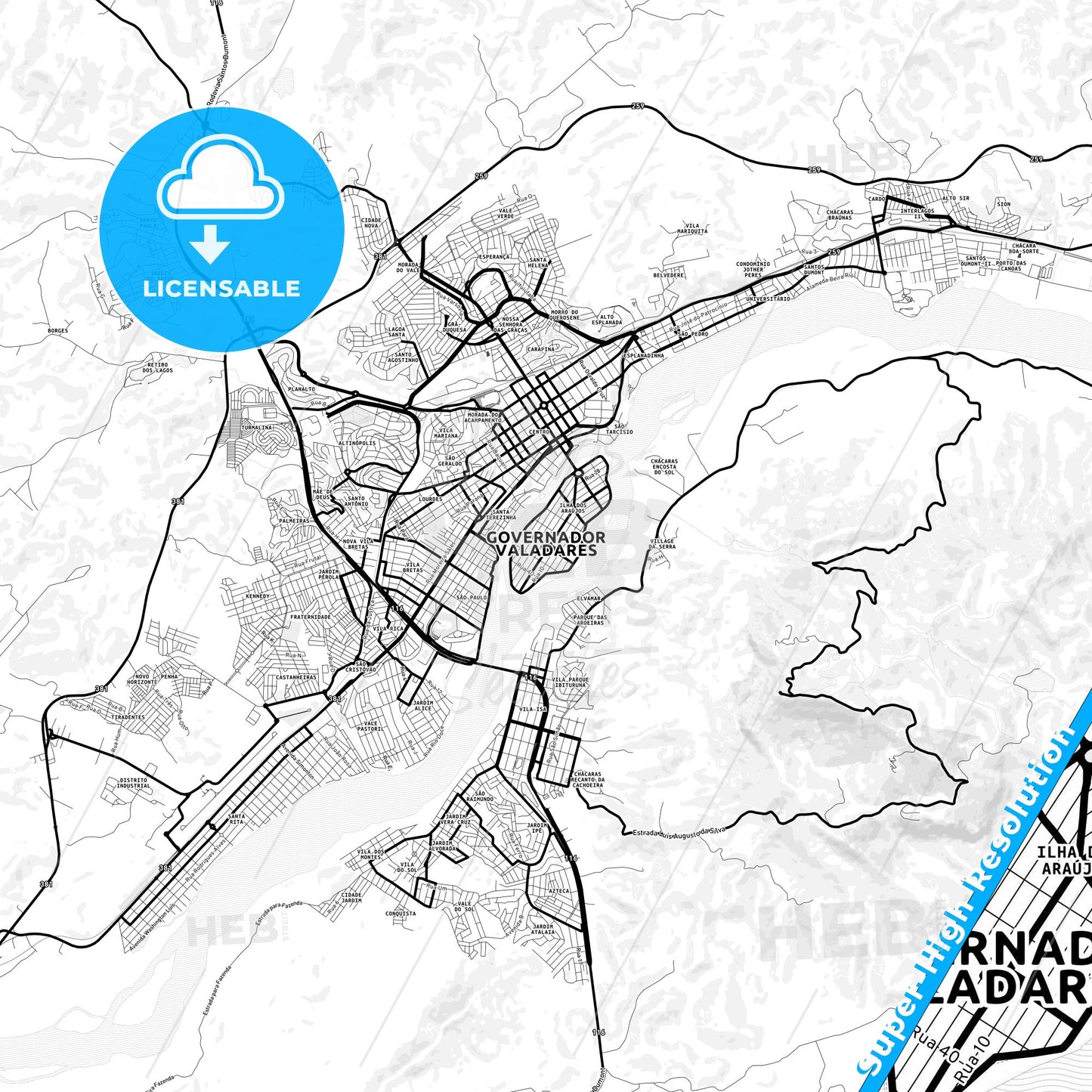 Governador Valadares, Brazil Light Map with Street Names, City Names, and Districts