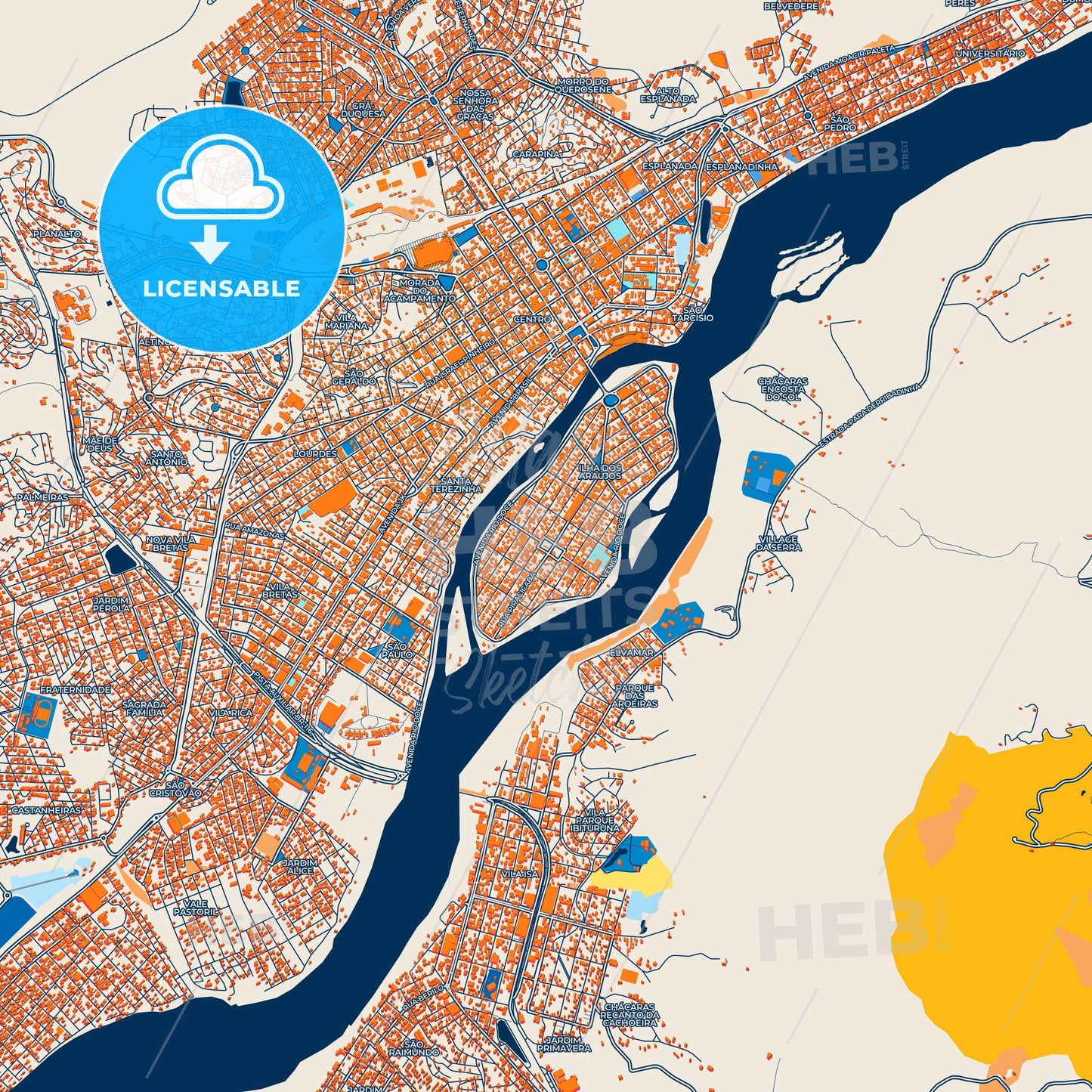 Colorful Governador Valadares Street Map with Labels and Buildings