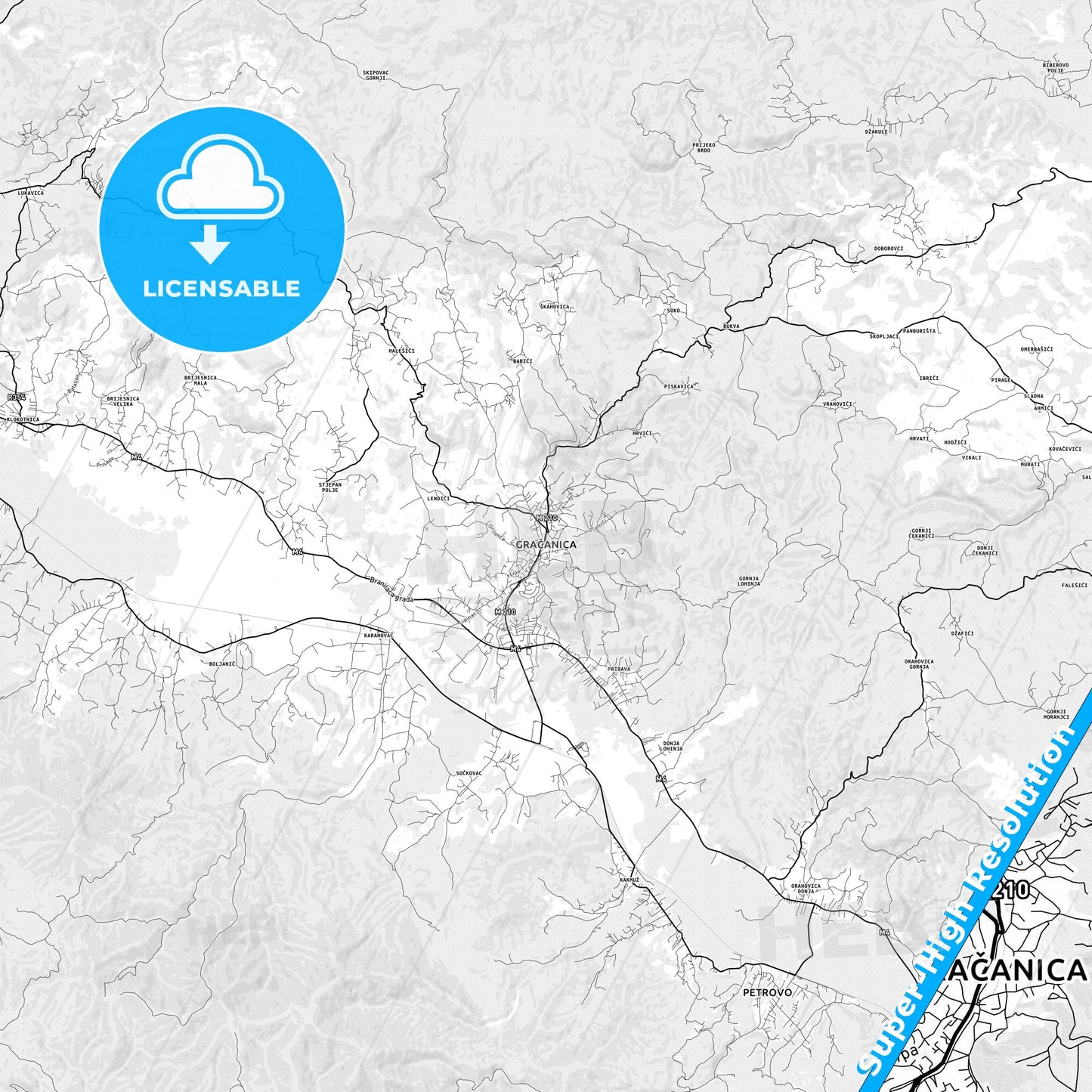 Gračanica, Bosnia and Herzegovina light map with streetnames, citynames and districts