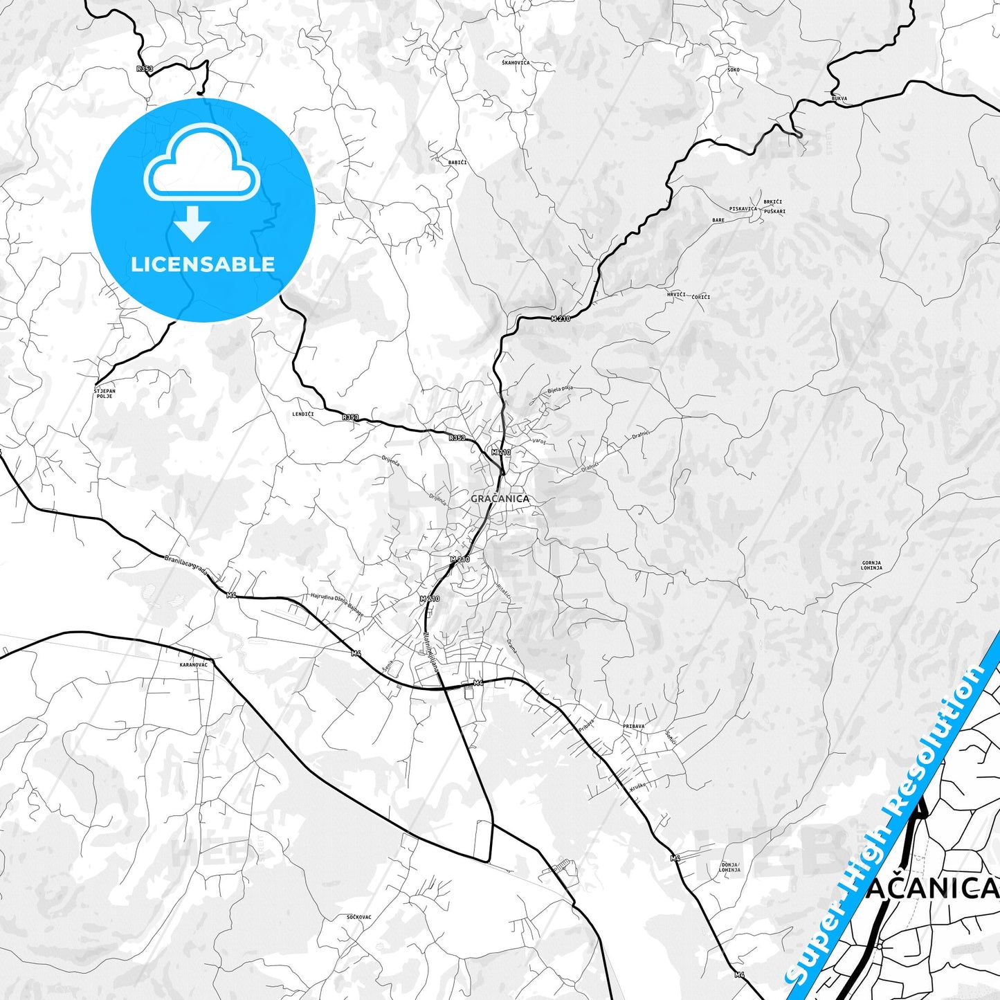 Gračanica, Bosnia and Herzegovina Light Map with Street Names, City Names, and Districts
