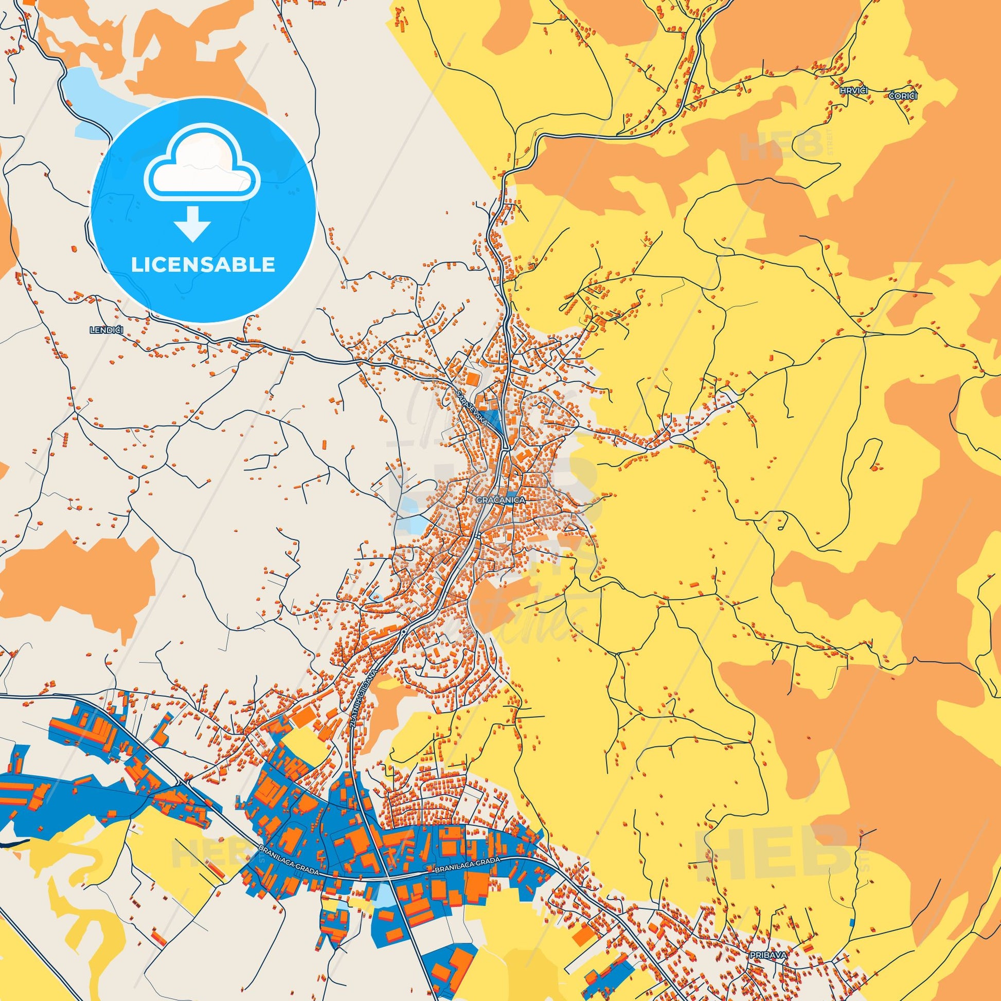 Colorful Gračanica Street Map with Labels and Buildings