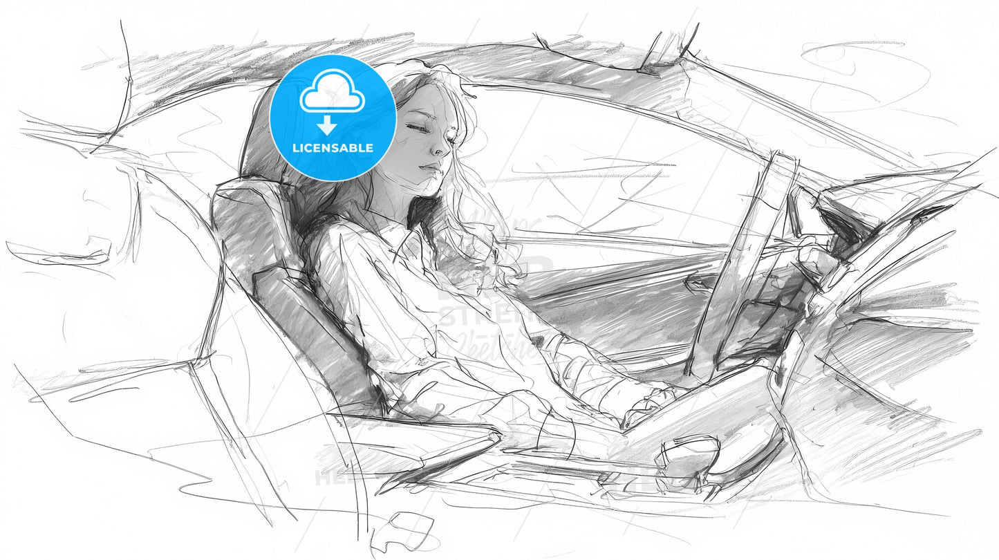 Graceful Recline: A Serene Moment in a Car Interior Sketch