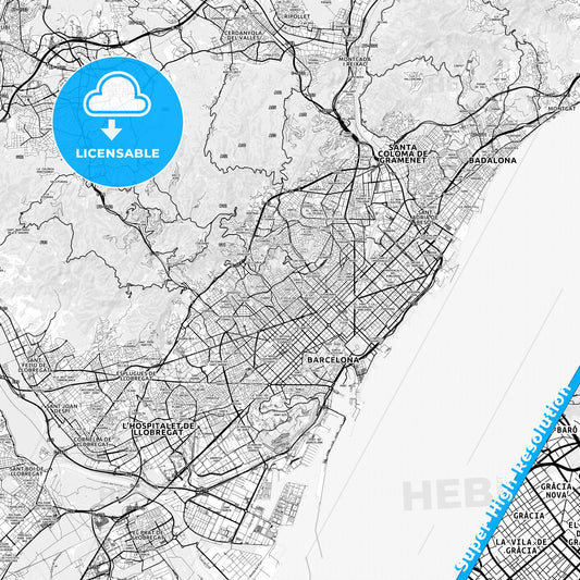 Gràcia, Spain light map with streetnames, citynames and districts
