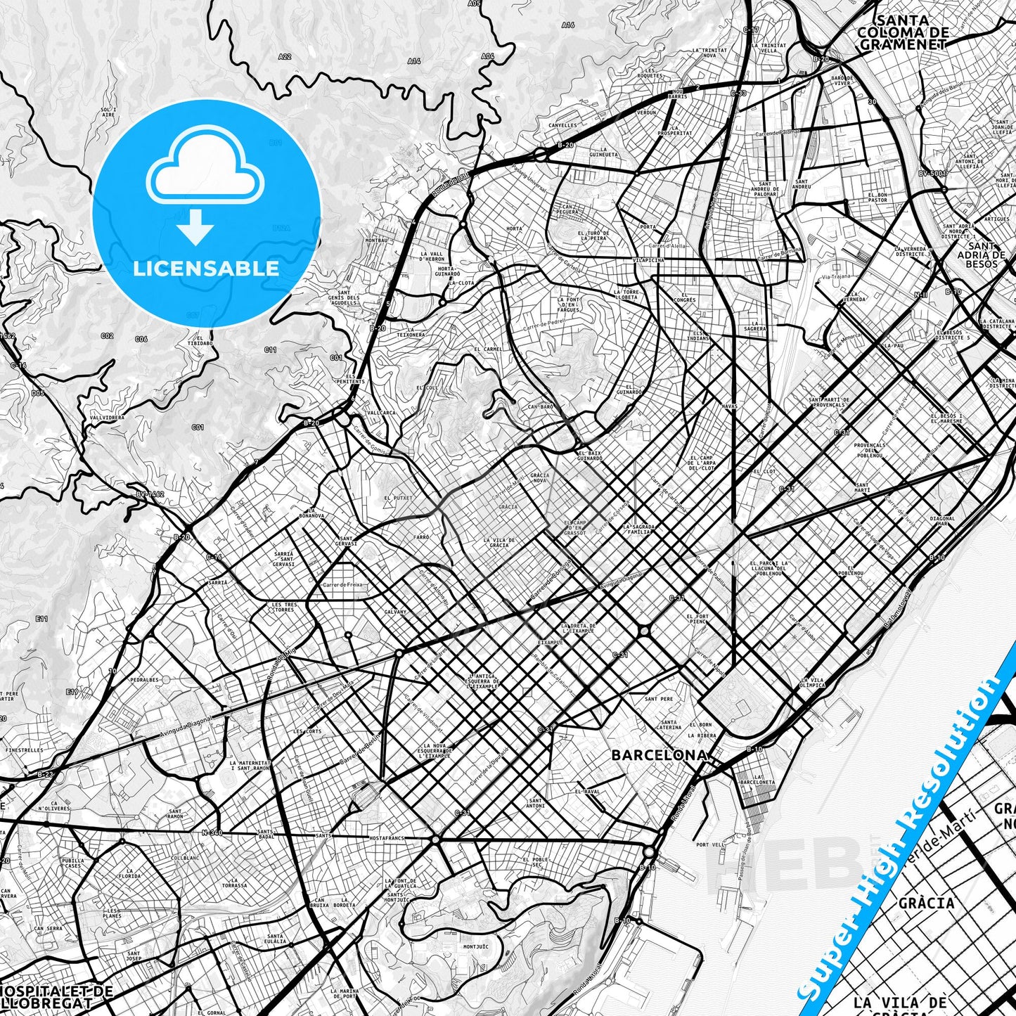 Gràcia, Spain Light Map with Street Names, City Names, and Districts