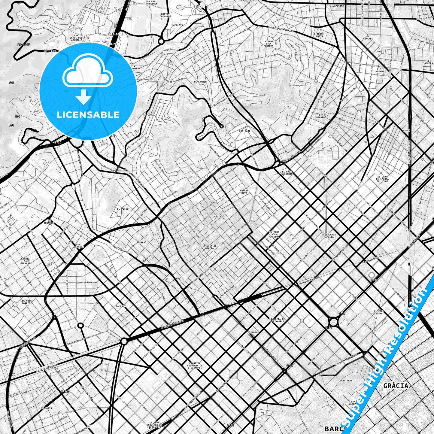 Gràcia, Spain Light Map with Street Names, City Names, and Districts