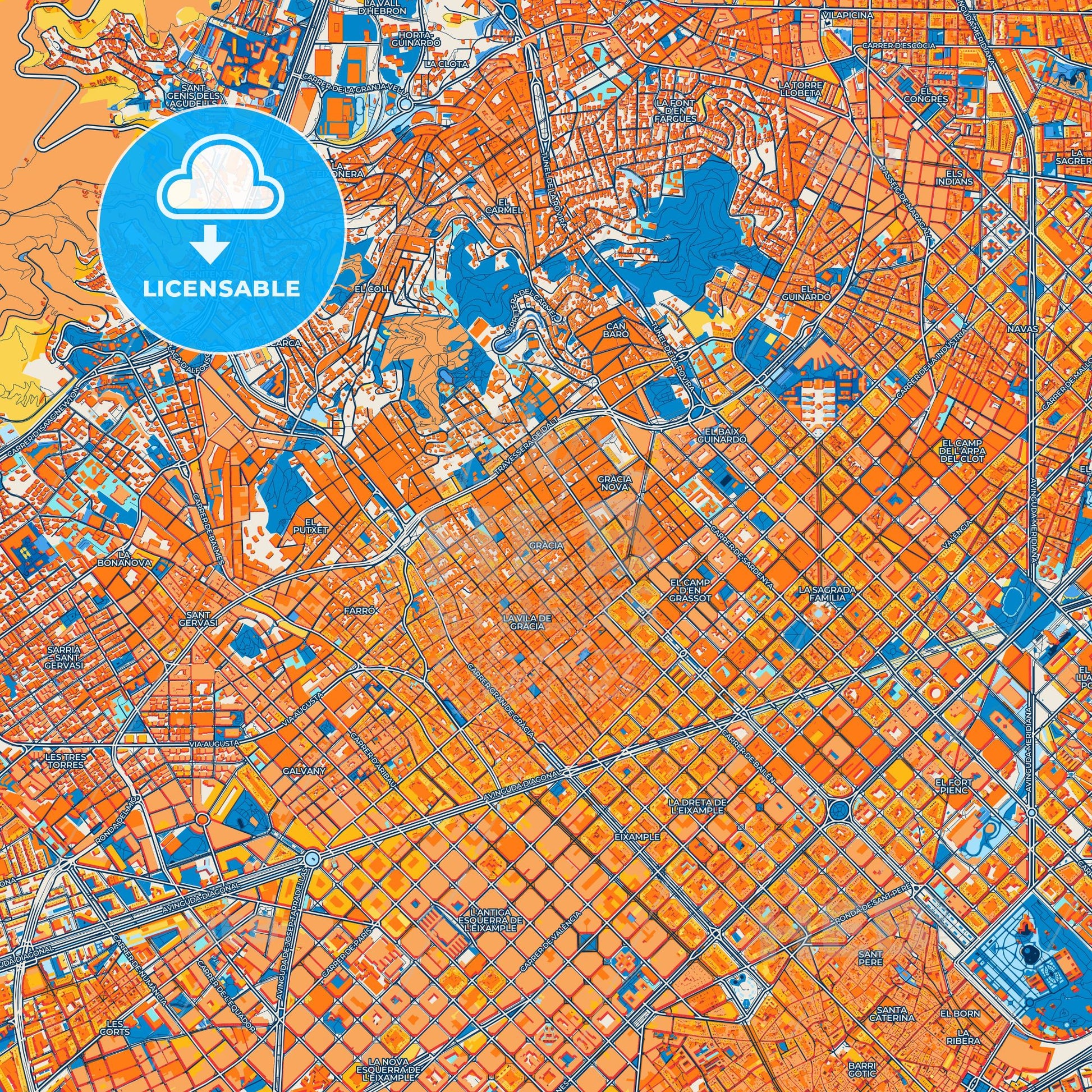 Colorful Gràcia Street Map with Labels and Buildings