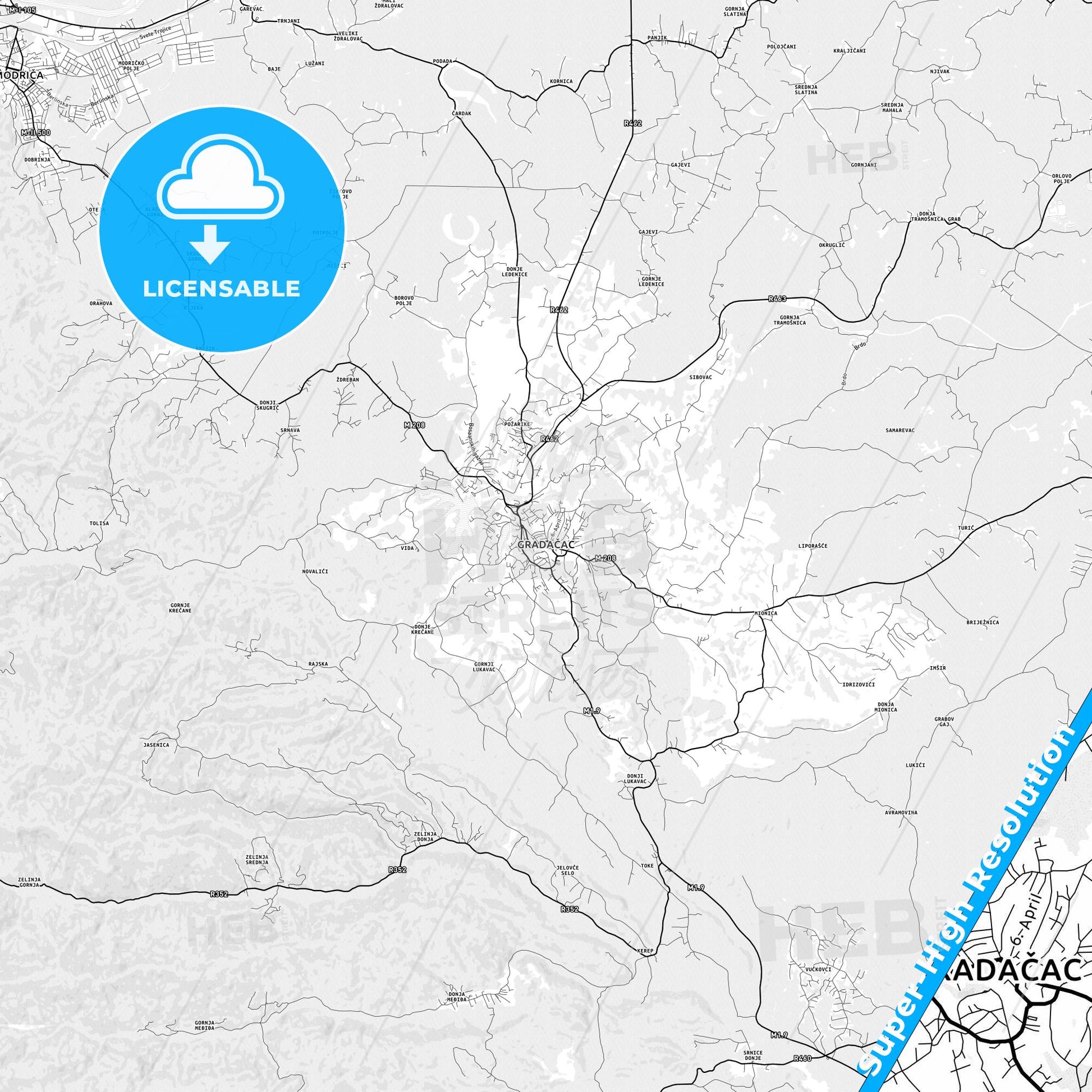 Gradačac, Bosnia and Herzegovina light map with streetnames, citynames and districts
