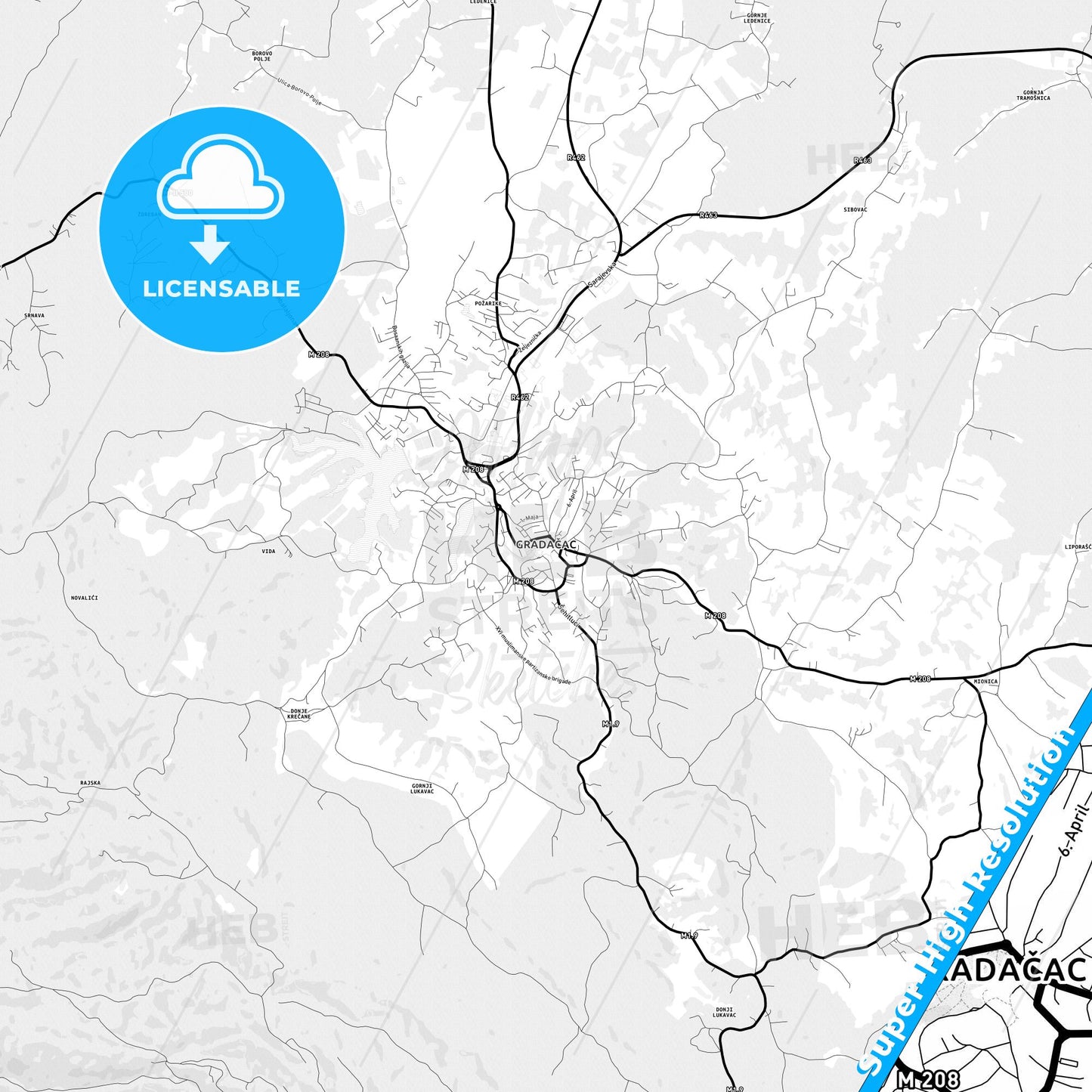 Gradačac, Bosnia and Herzegovina Light Map with Street Names, City Names, and Districts