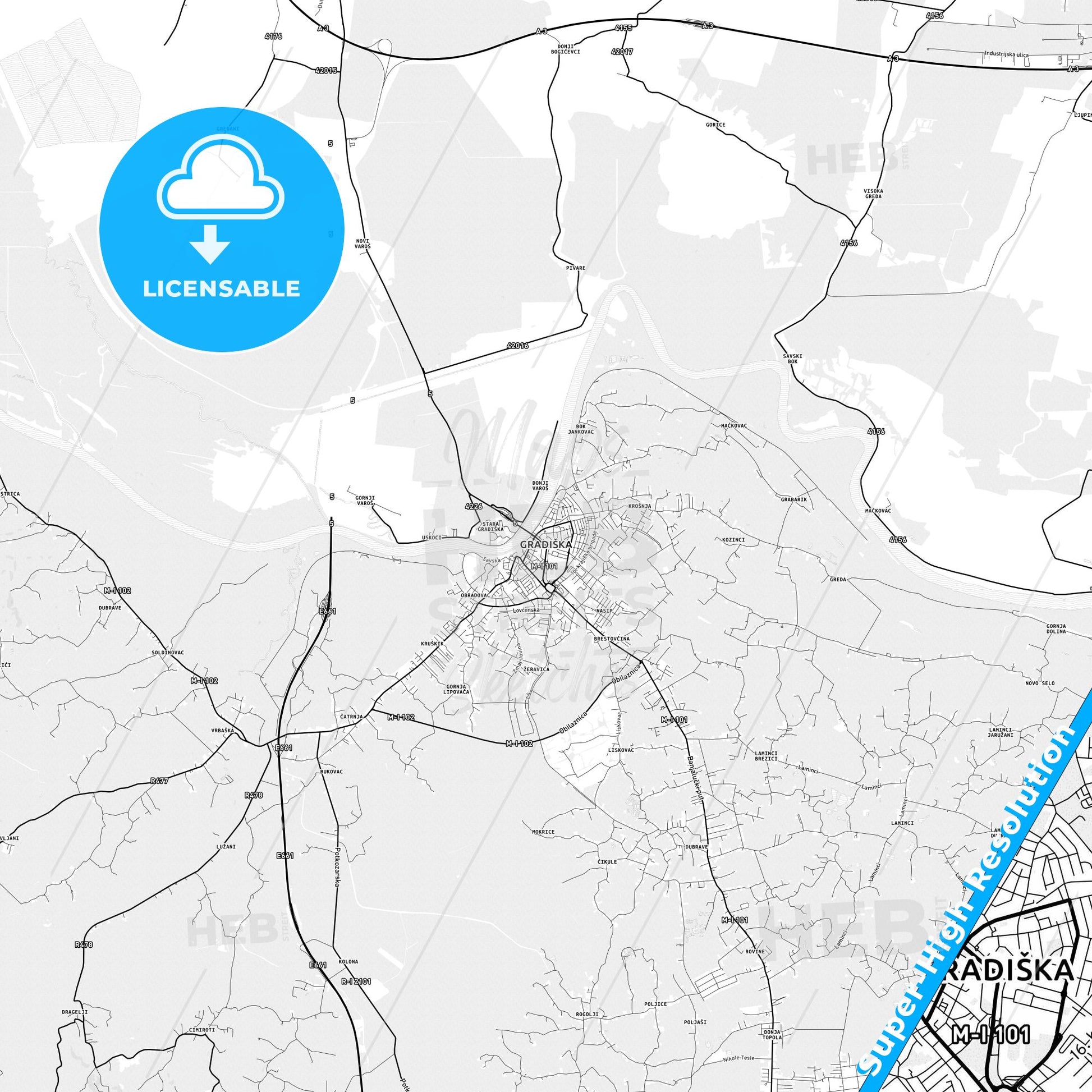 Gradiška, Bosnia and Herzegovina light map with streetnames, citynames and districts