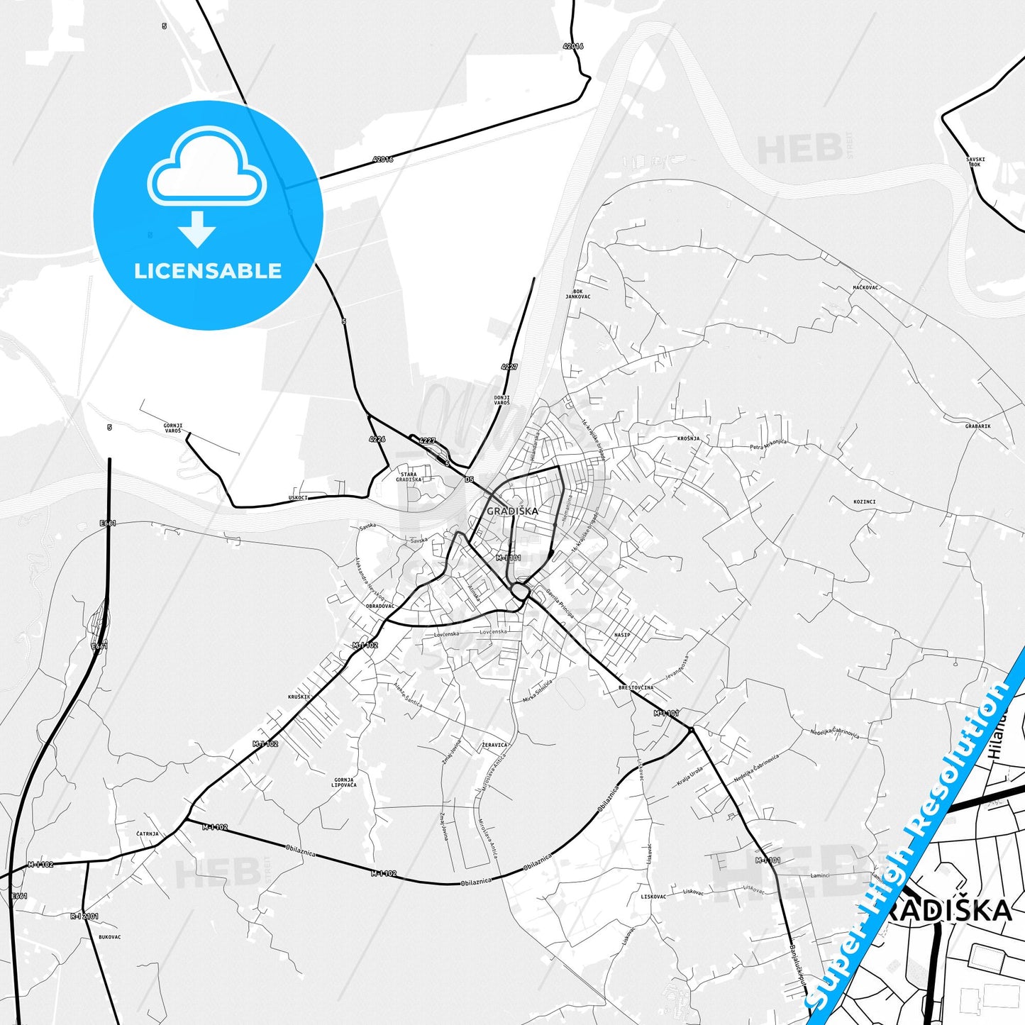 Gradiška, Bosnia and Herzegovina Light Map with Street Names, City Names, and Districts
