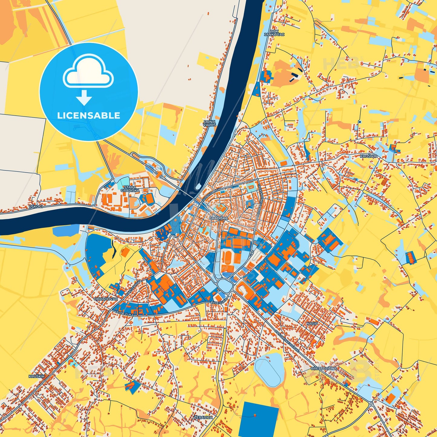 Colorful Gradiška Street Map with Labels and Buildings