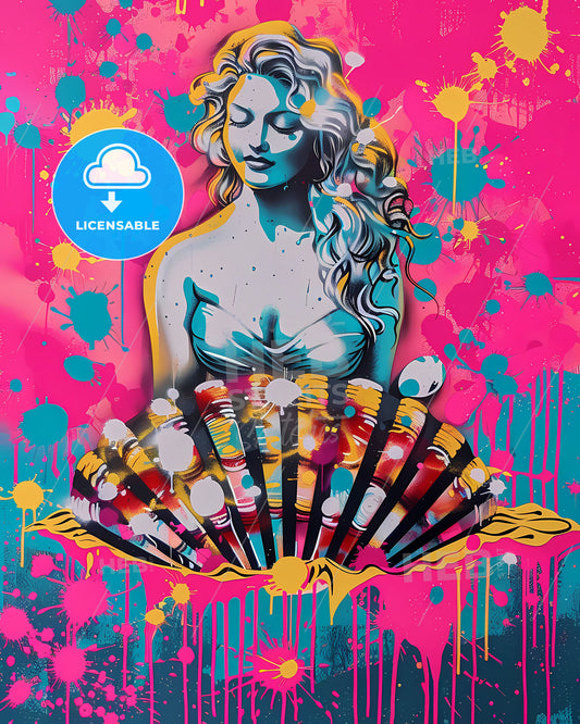 Vibrant Painting: Birth of Venus in Renaissance Style with Seashells, Ocean Hues, Turquoise, Hot Pink, Drippy Neon Colors, High-Res