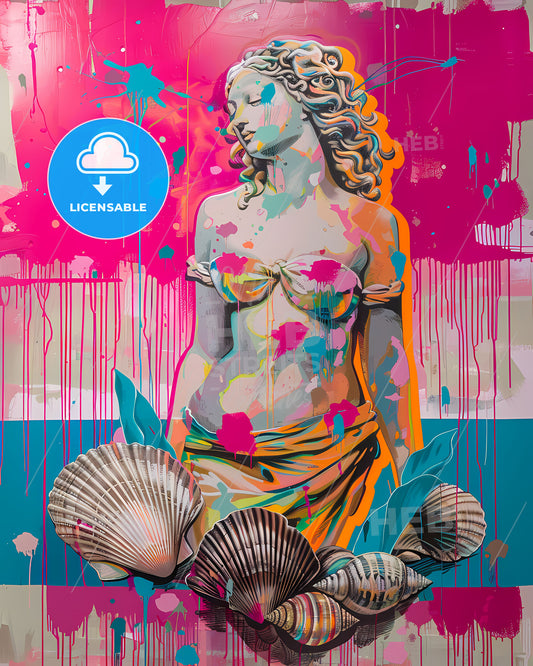 Colorful Renaissance Painting of Venus Emerging from the Sea with Drippy Paint and Neon Accents