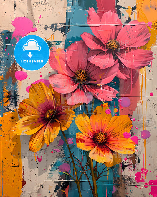 Graffiti Floral Screen Print Wall Art Poster - Vibrant Textured Punk Grunge Style Mixed Media Painting