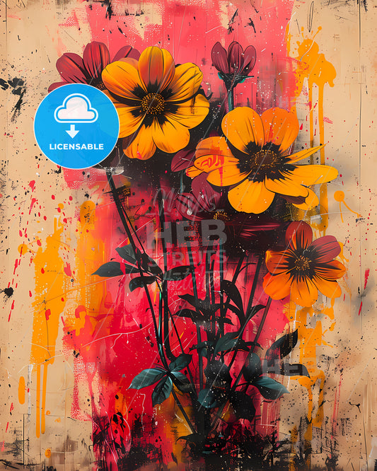 Bold Graffiti Spray Paint Flower Screen Print Poster, Mixed Media Art, Grunge Style, Vibrant Colors, Textured Paint