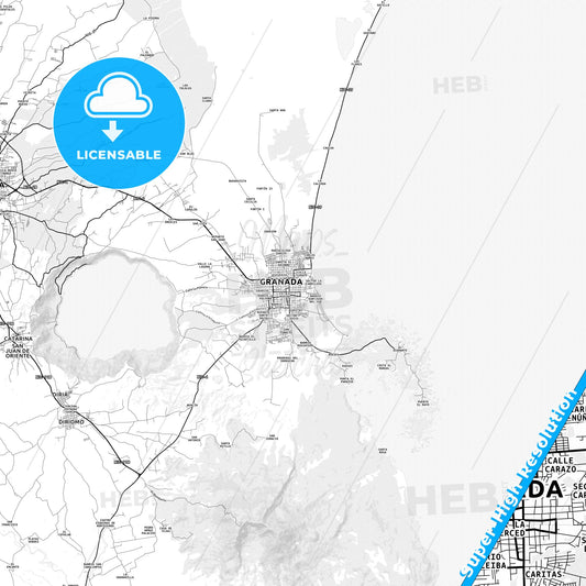 Granada, Nicaragua light map with streetnames, citynames and districts