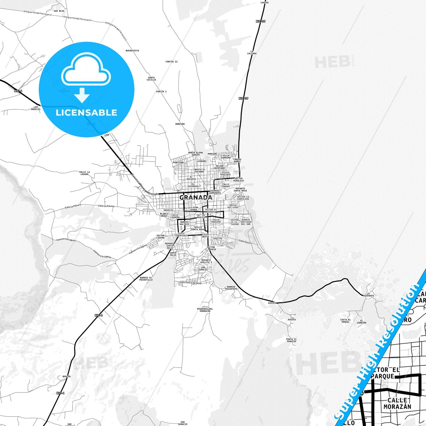 Granada, Nicaragua Light Map with Street Names, City Names, and Districts
