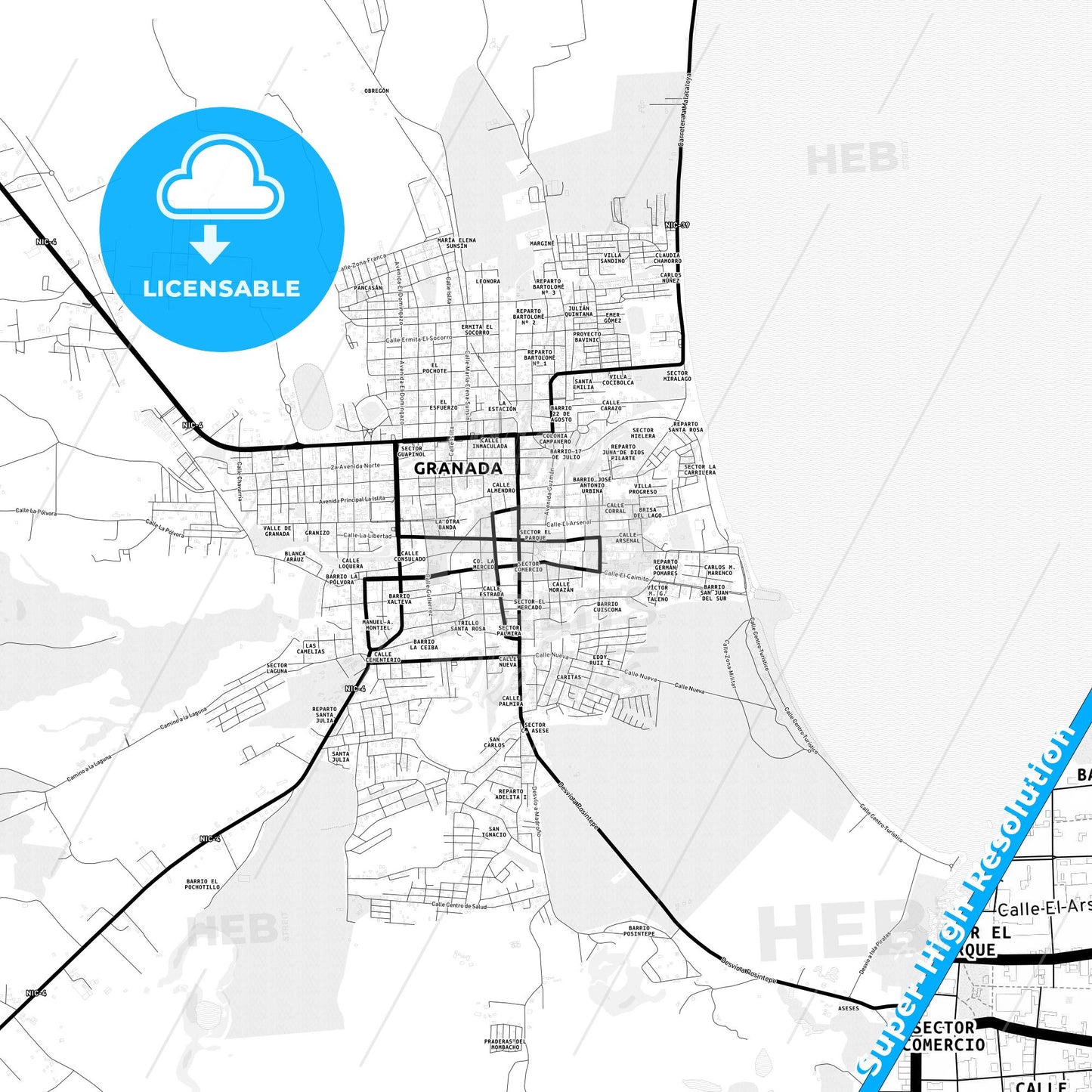 Granada, Nicaragua Light Map with Street Names, City Names, and Districts