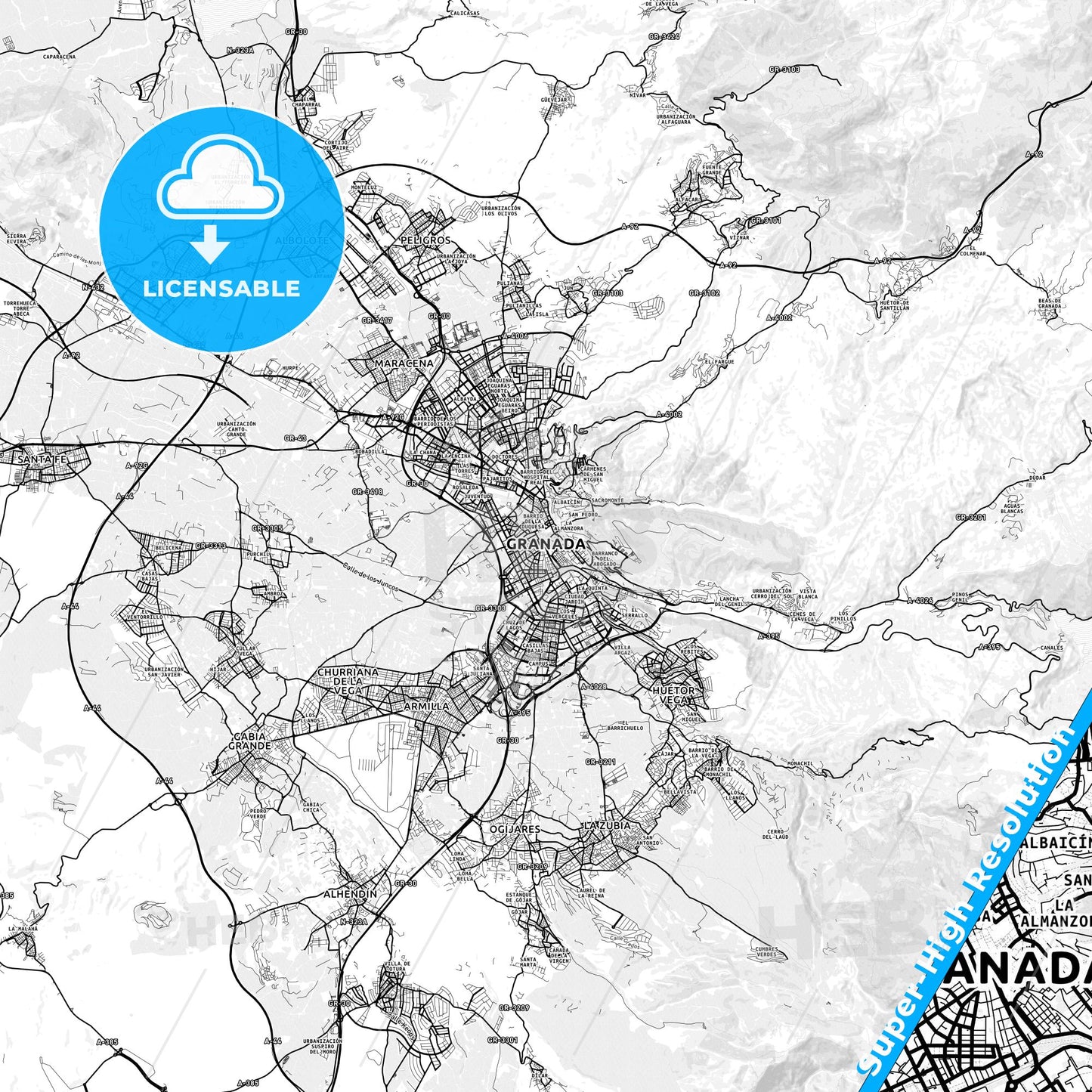Granada, Spain light map with streetnames, citynames and districts