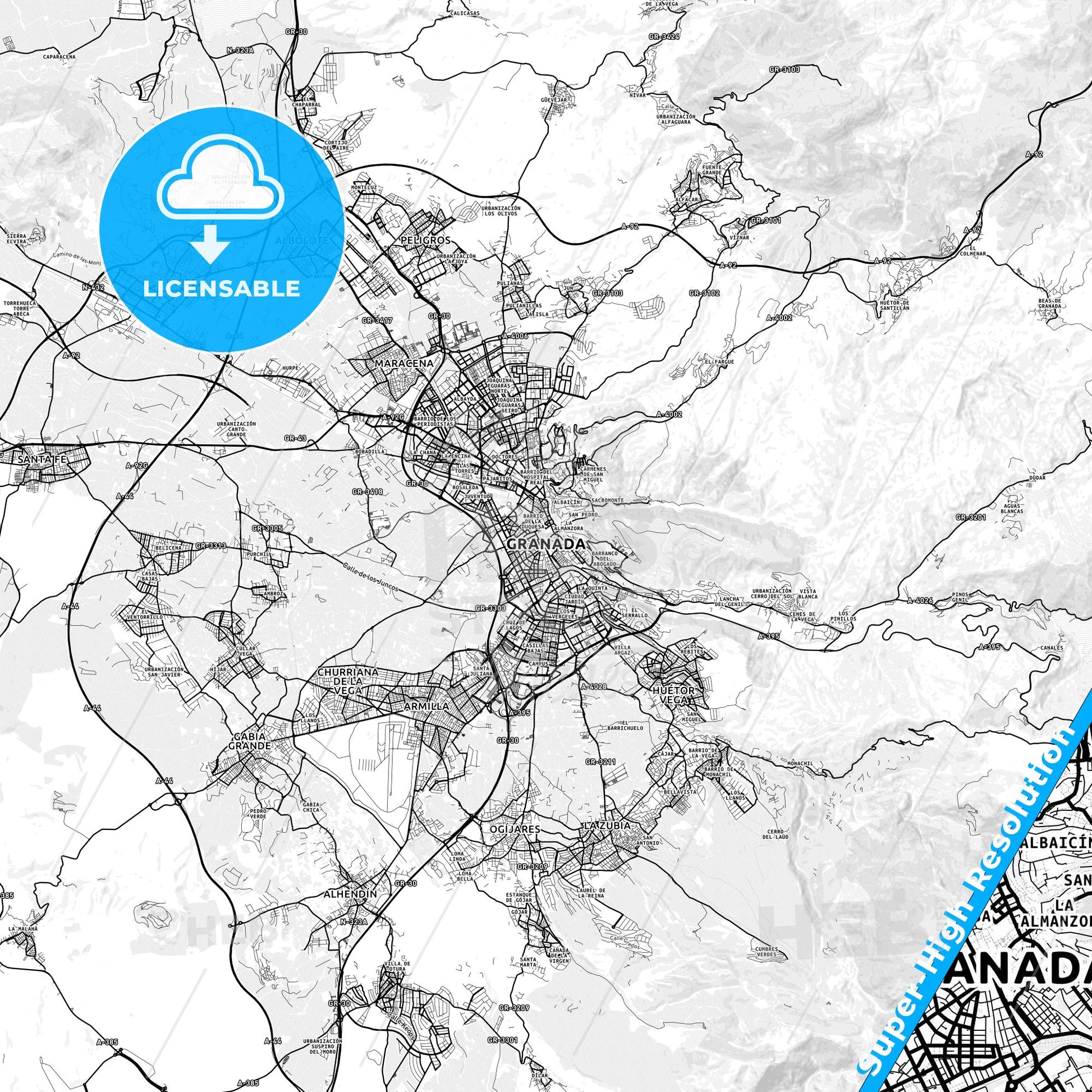 Granada, Spain light map with streetnames, citynames and districts