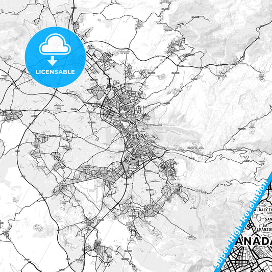 Granada, Spain light map with streetnames, citynames and districts
