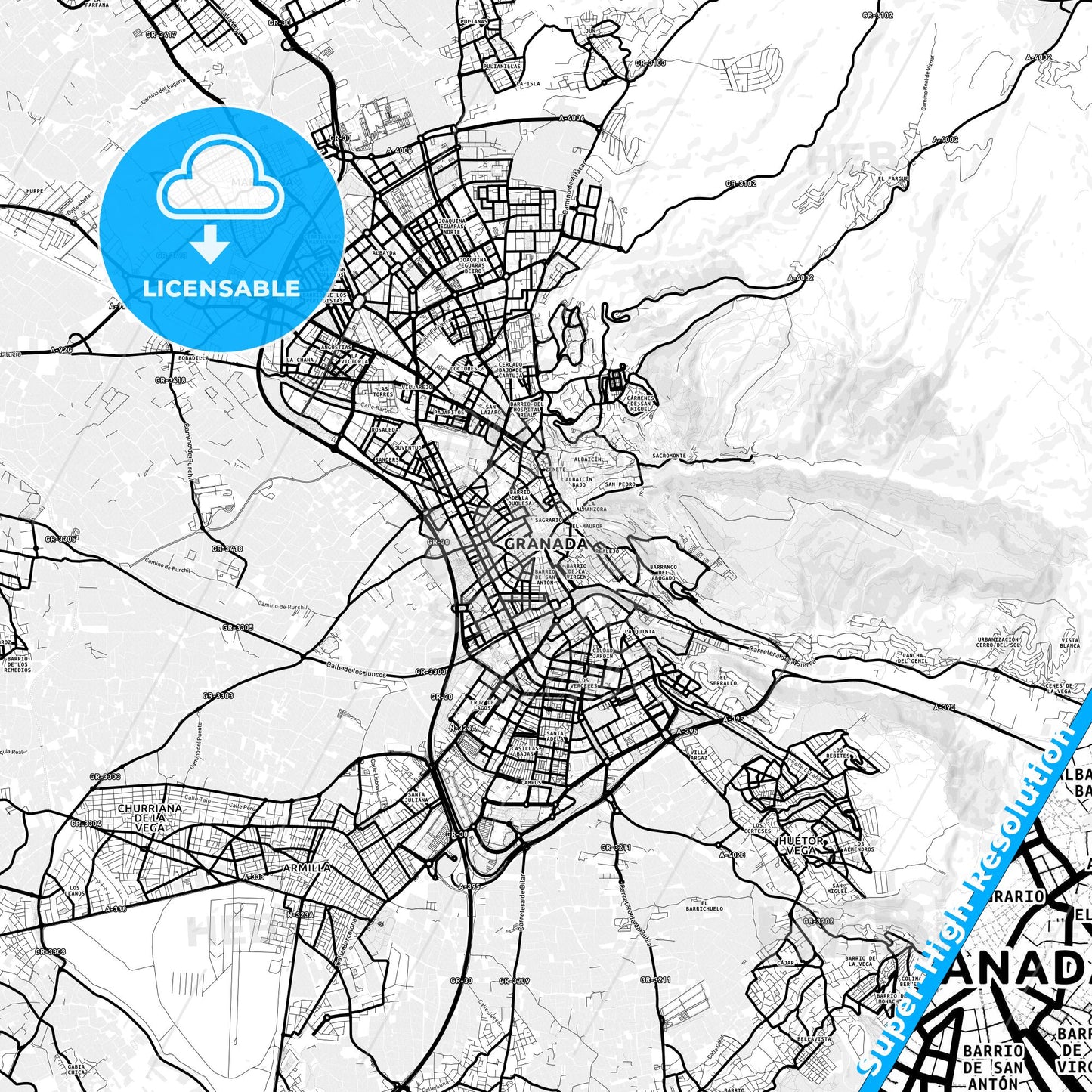 Granada, Spain Light Map with Street Names, City Names, and Districts