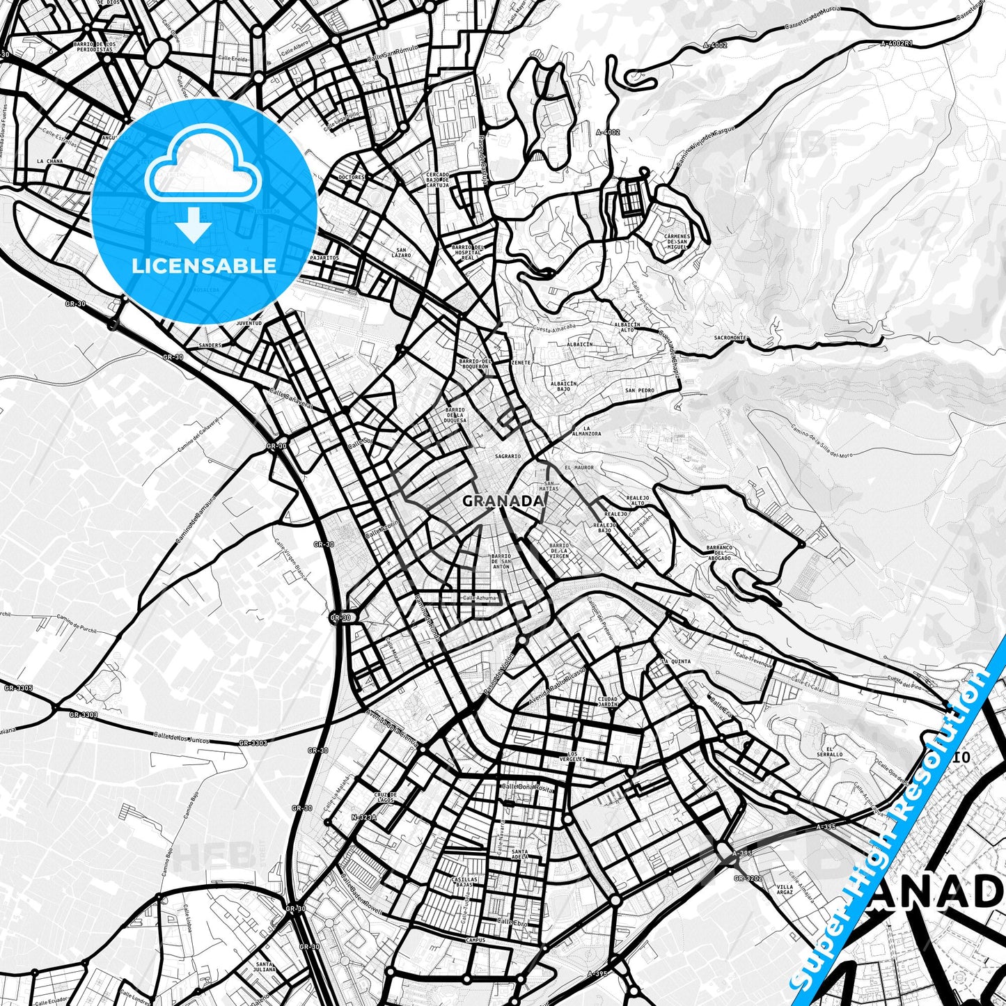 Granada, Spain Light Map with Street Names, City Names, and Districts