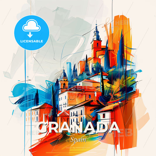 Vibrant Granada, Spain - A Painting Of A Town - Square format print template